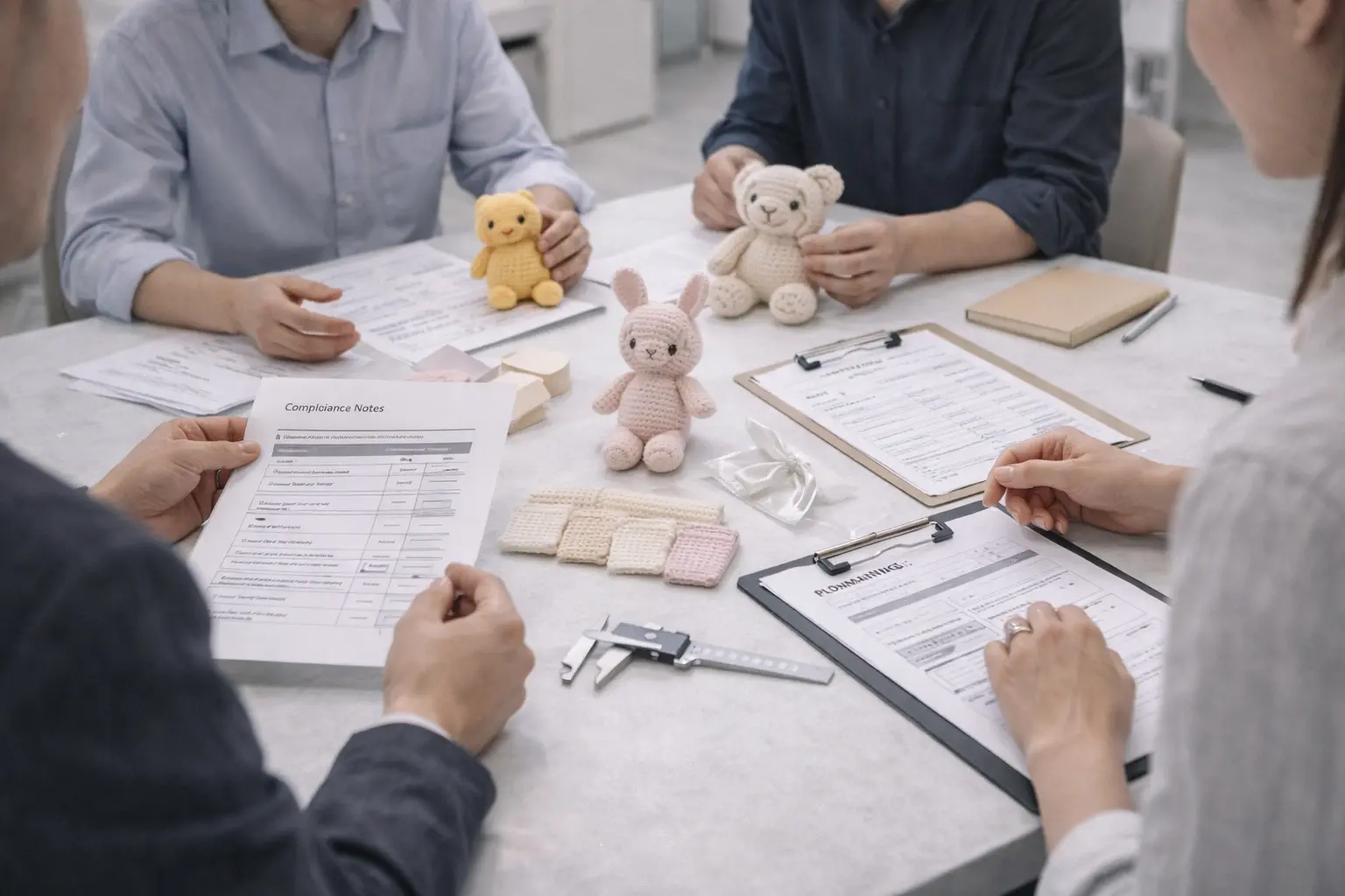 Buyer and manufacturing team reviewing product samples and planning documents