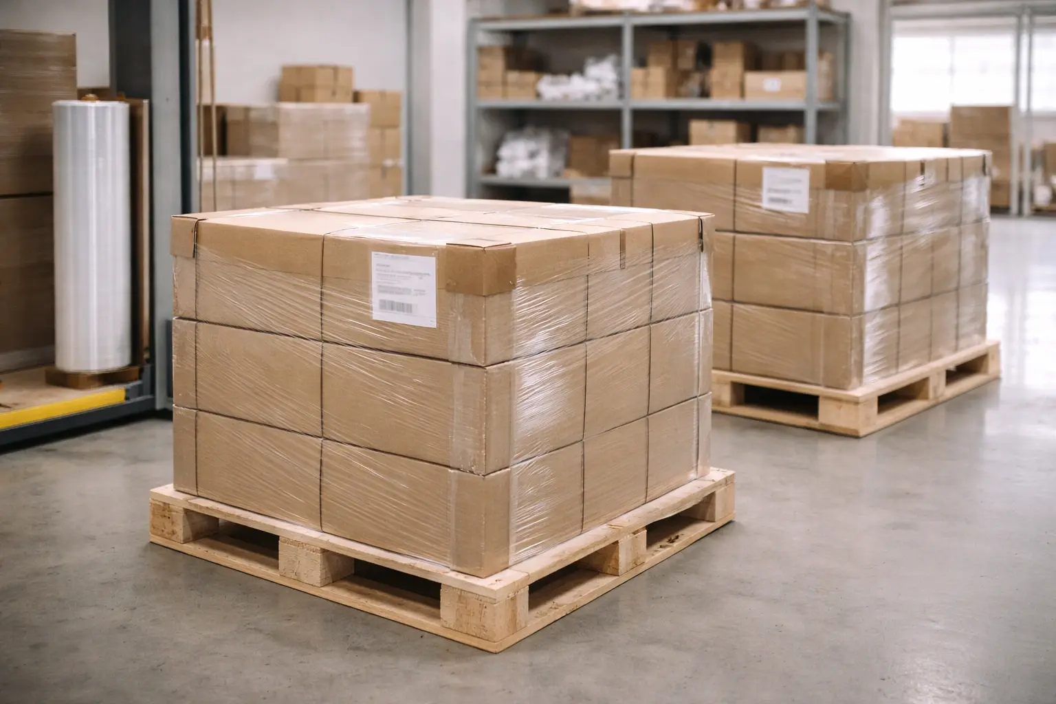 Export-ready cartons and palletized goods prepared for international shipment