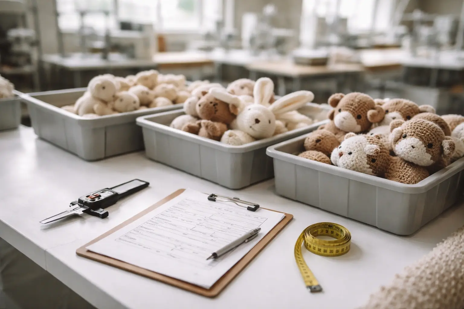 Crochet manufacturing quality inspection station with checklist, tools, and product review materials