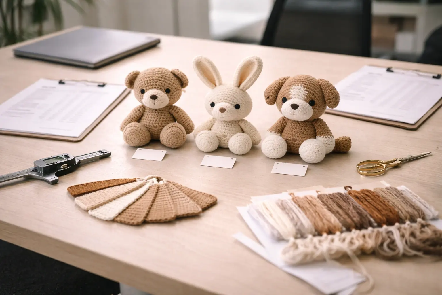 Program review meeting with crochet samples, BOM sheet, and planning materials