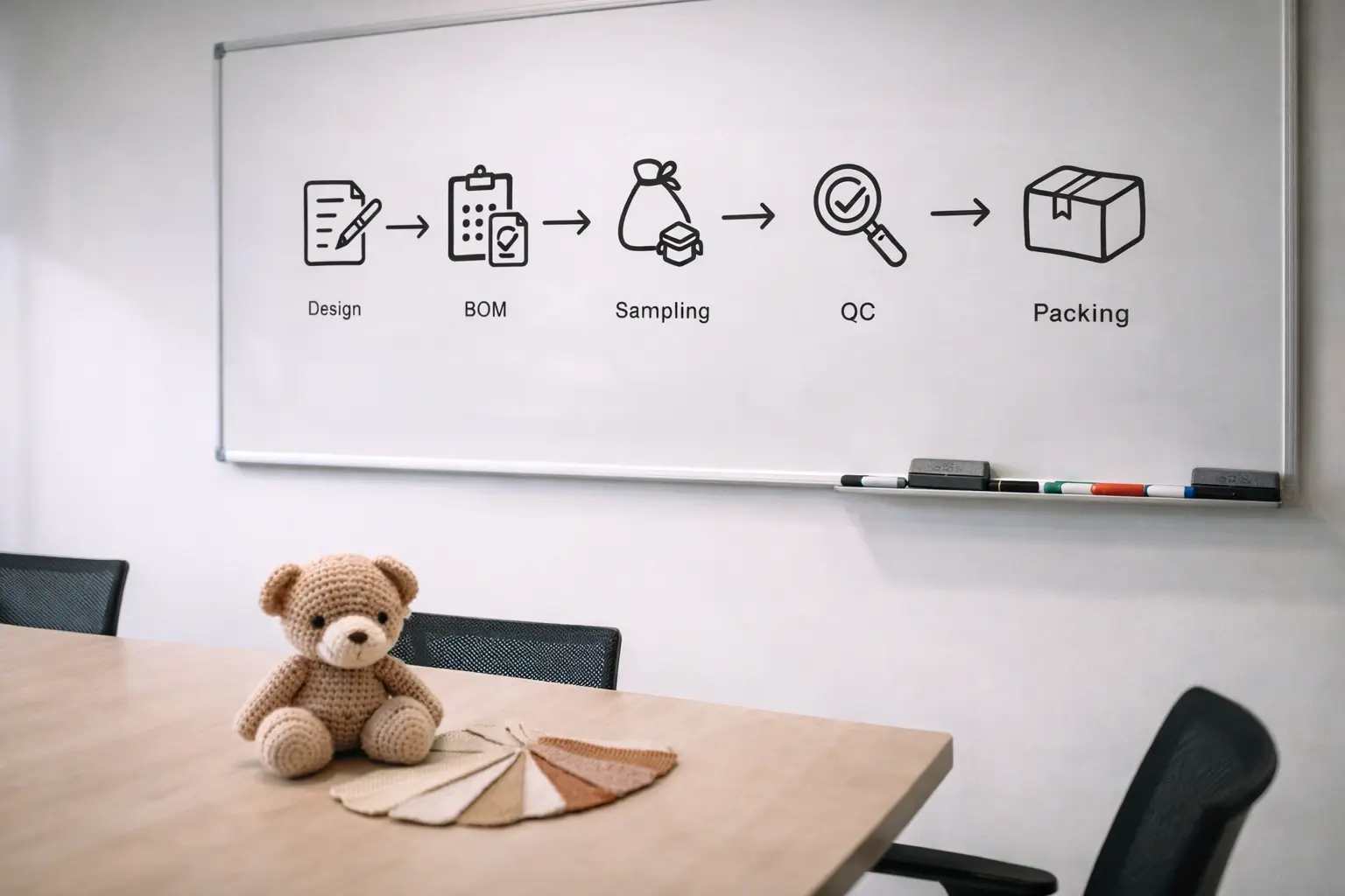 Crochet OEM and ODM workflow board showing design intake, sampling, quality control, and delivery planning