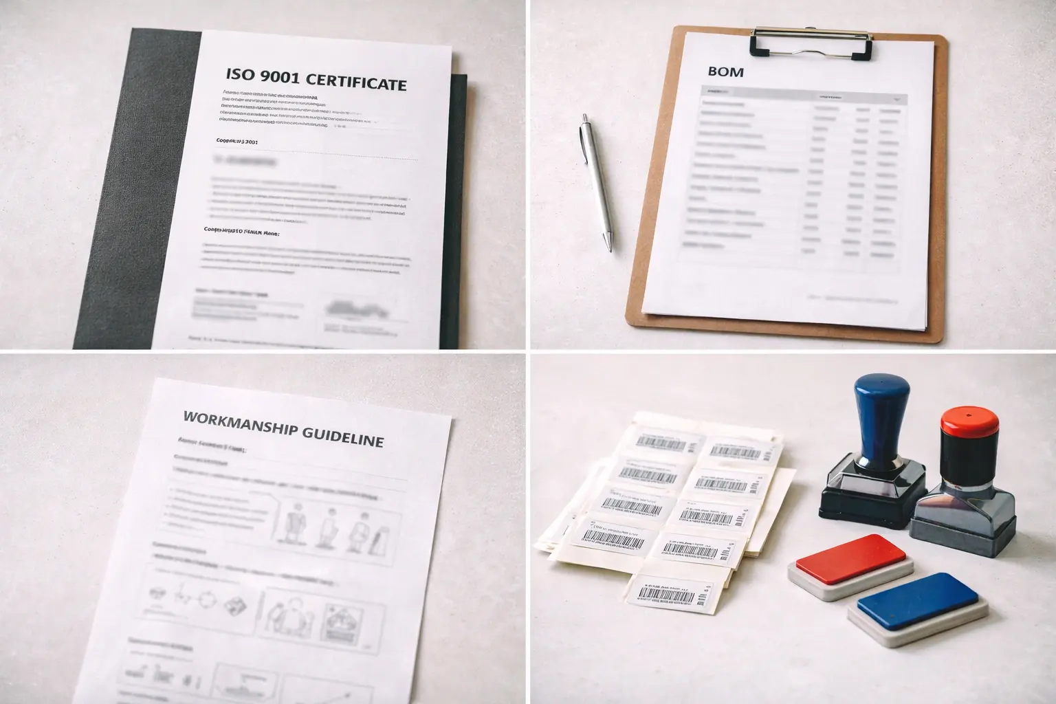 Quality documentation collage including ISO cover, BOM sheet, batch labels, and workmanship guide