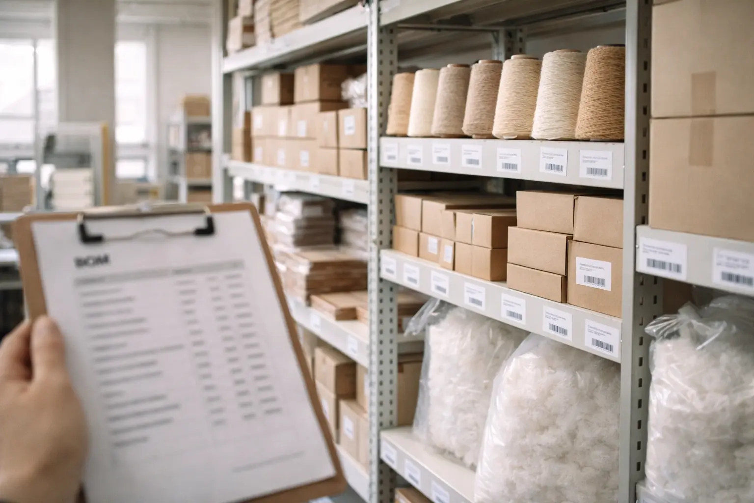 Organized yarn inventory and traceable material storage for responsible crochet manufacturing