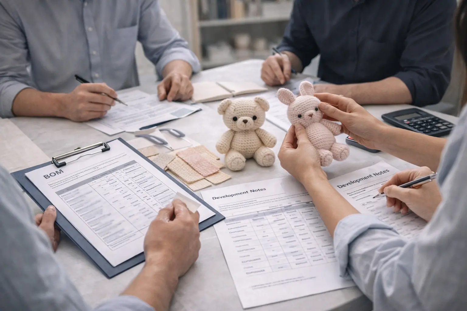 Product development and sample review meeting for a crochet OEM/ODM program