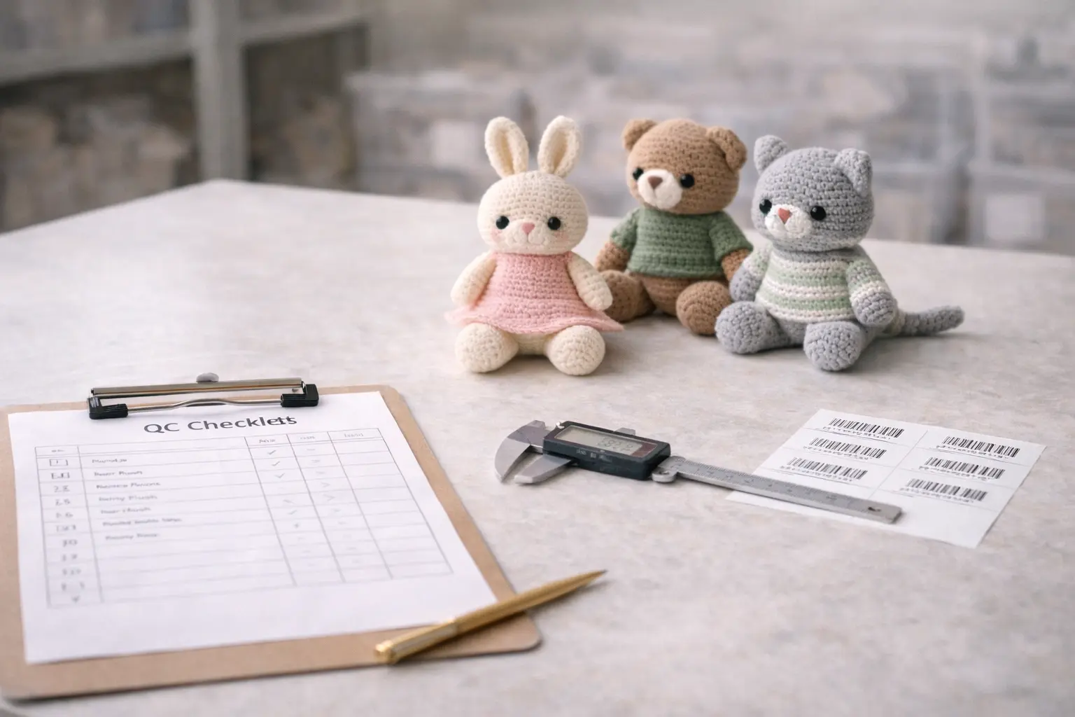 Crochet quality checkpoint with workmanship checklist and batch traceability label