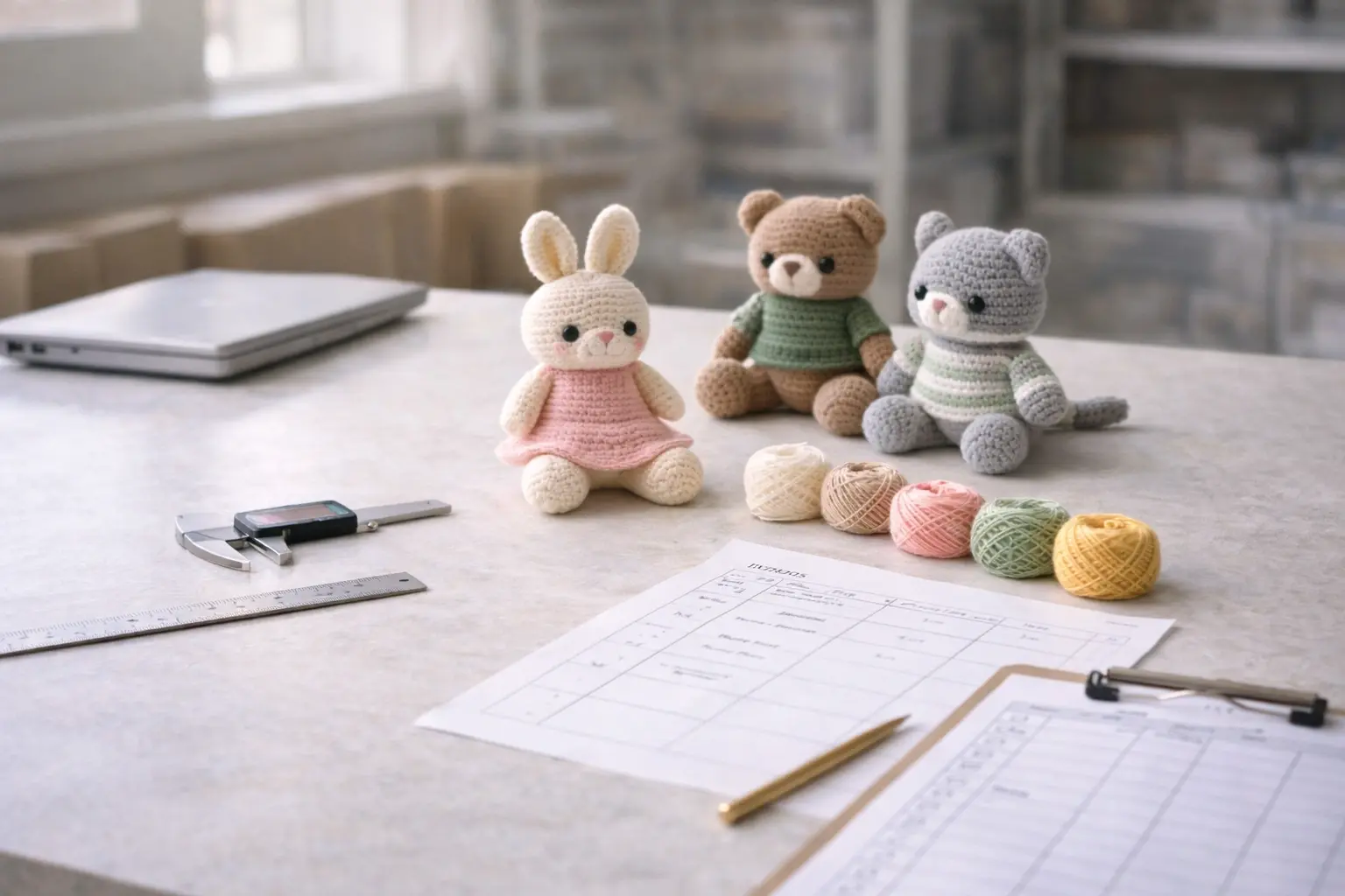 Crochet manufacturing project review with quality inspection materials and sample discussion