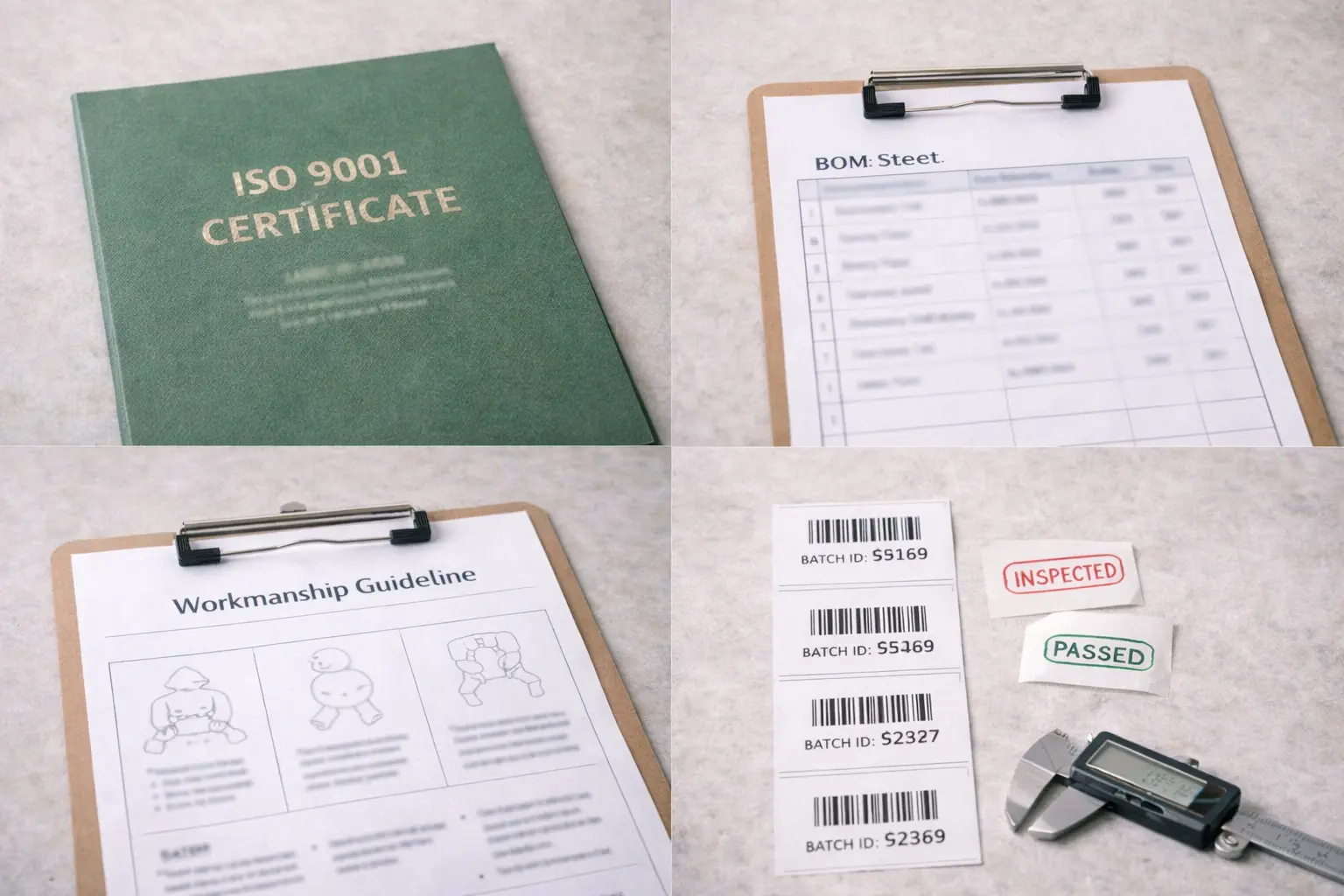 Quality documents collage including BOM, batch labels, workmanship guide, and inspection records