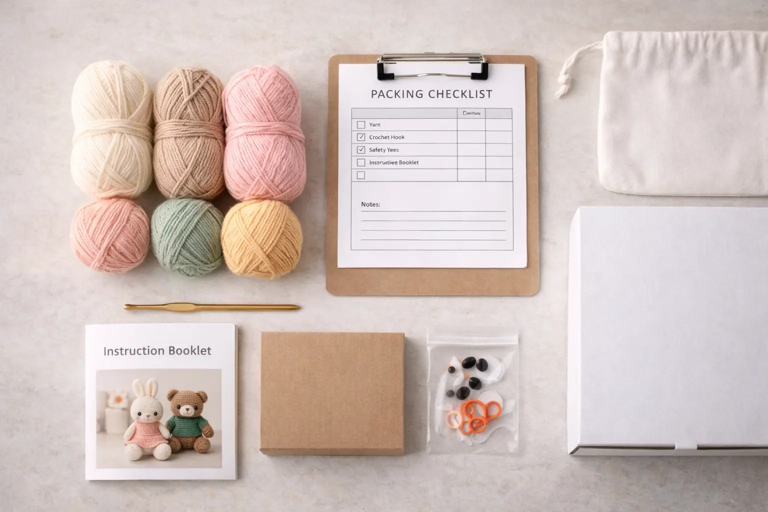 DIY crochet kit components and packaging assembly