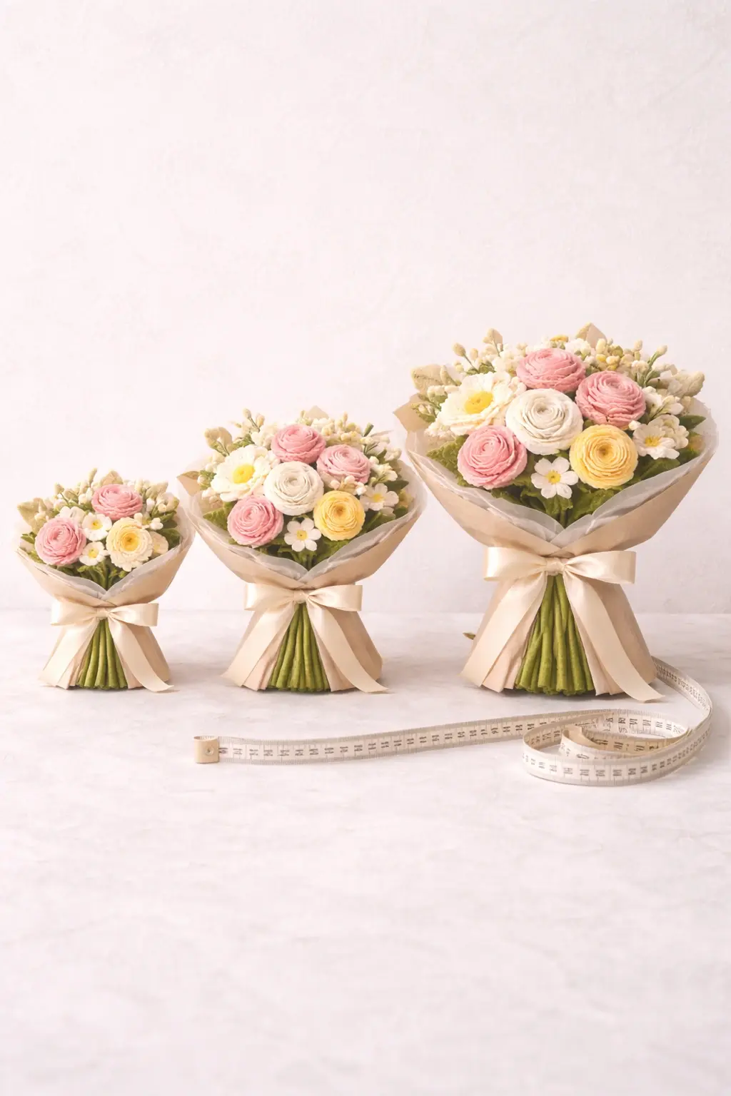 Size comparison of crochet flower products in small medium and large formats