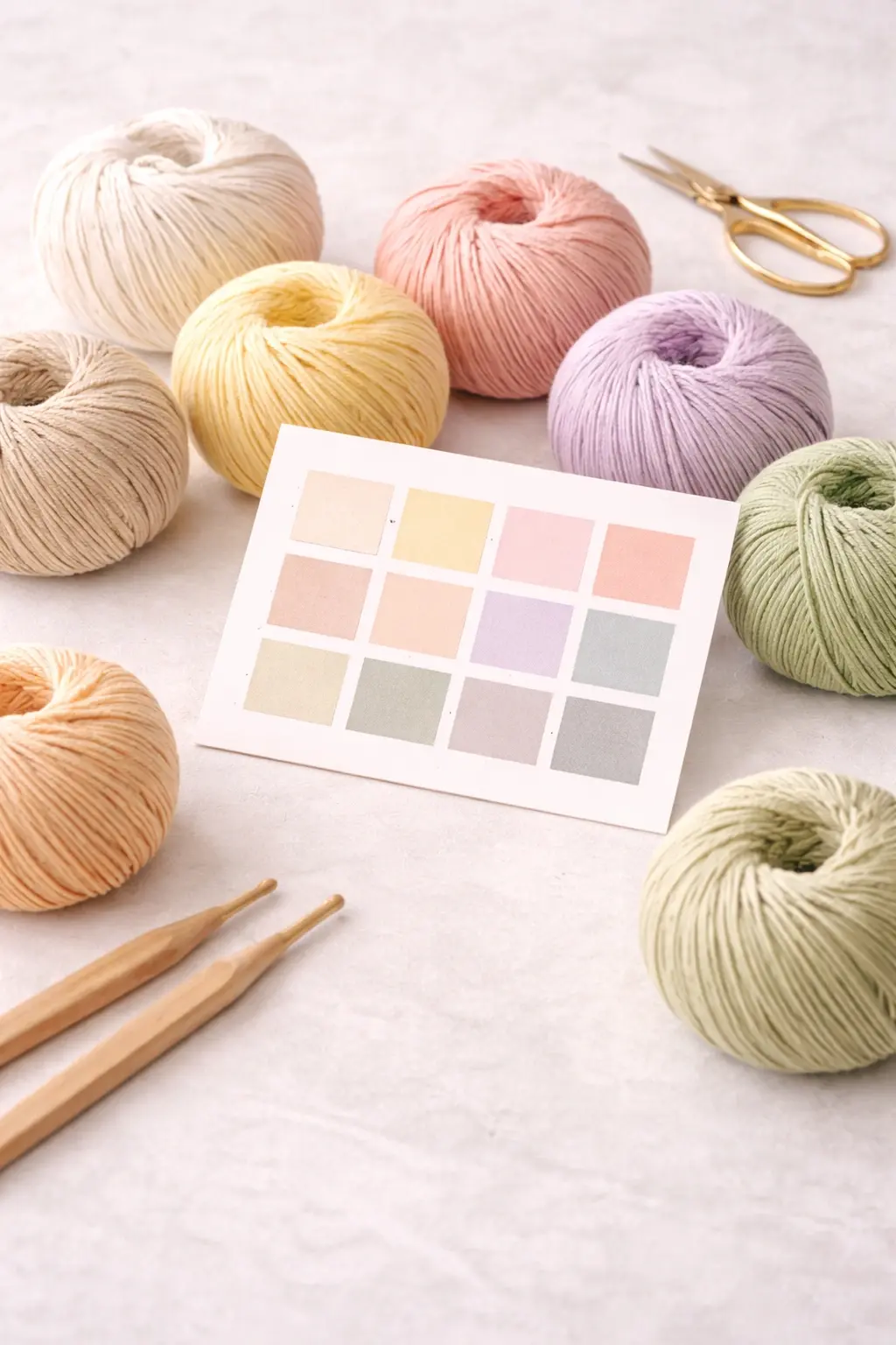 Yarn swatches and color card for crochet flower customization