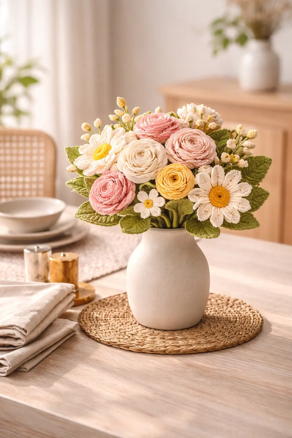 Crochet flower centerpiece in living room setting