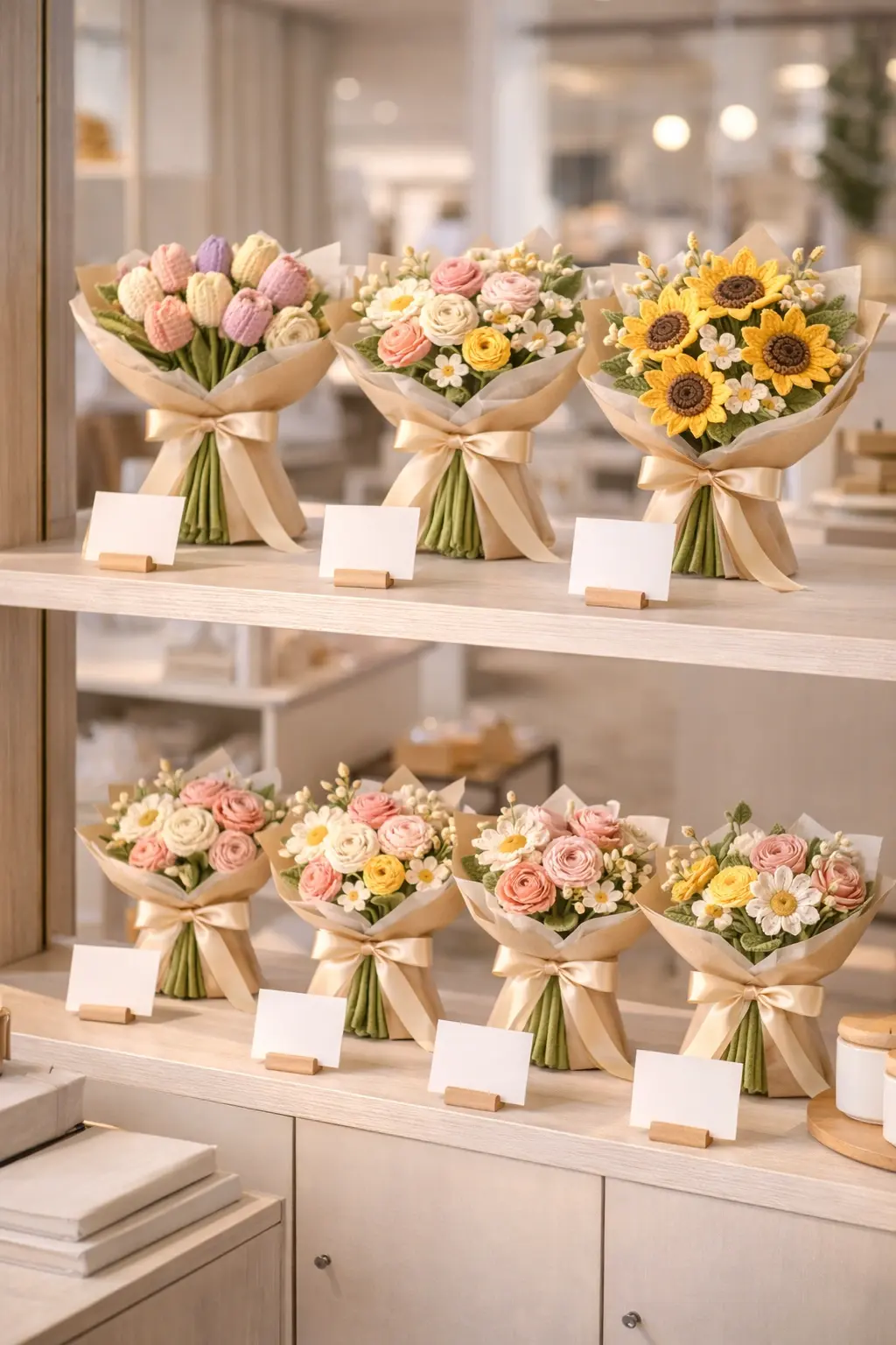 Retail shelf display of grouped crochet flower products
