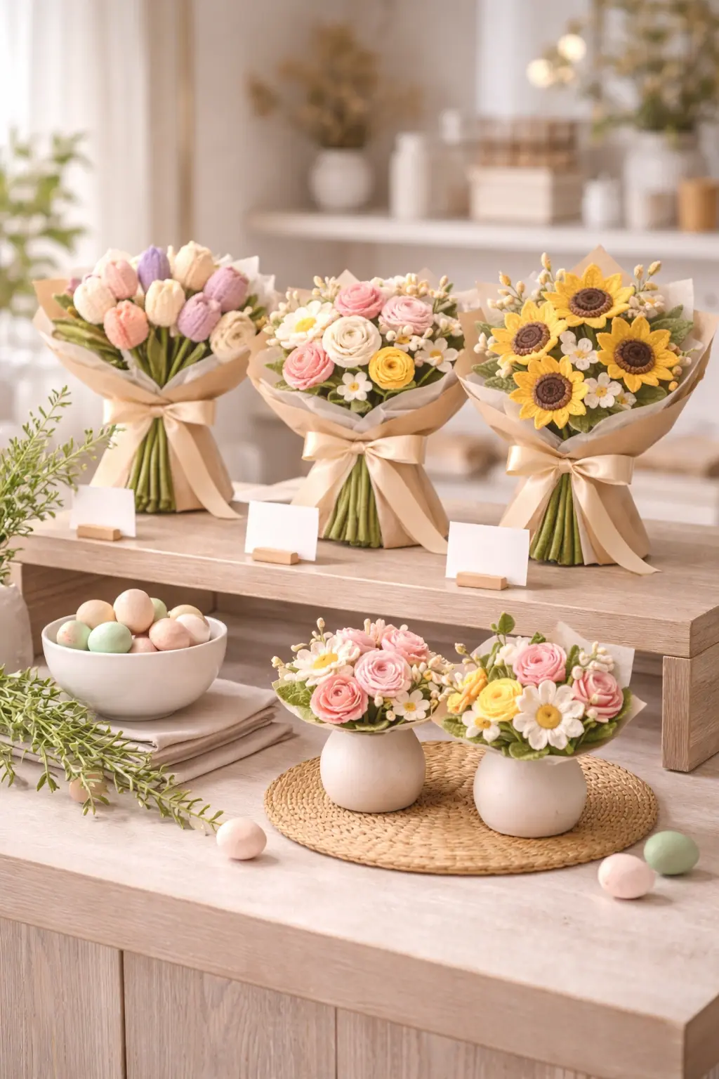 Seasonal spring display featuring crochet flower decor