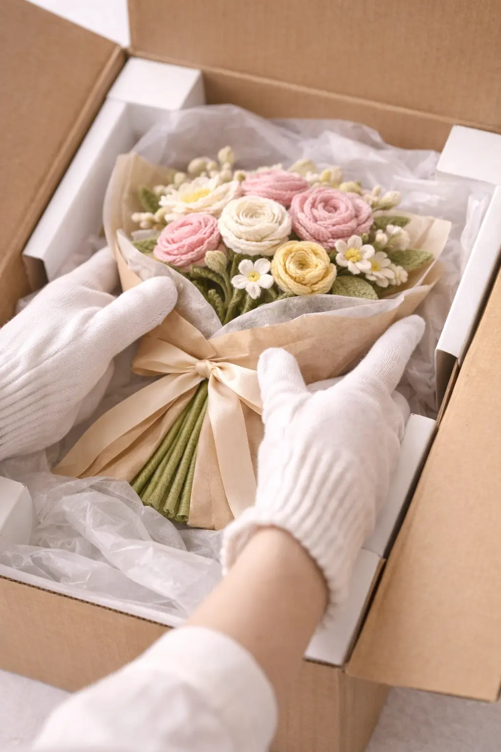 Packing process for crochet flower products with protective arrangement and carton preparation