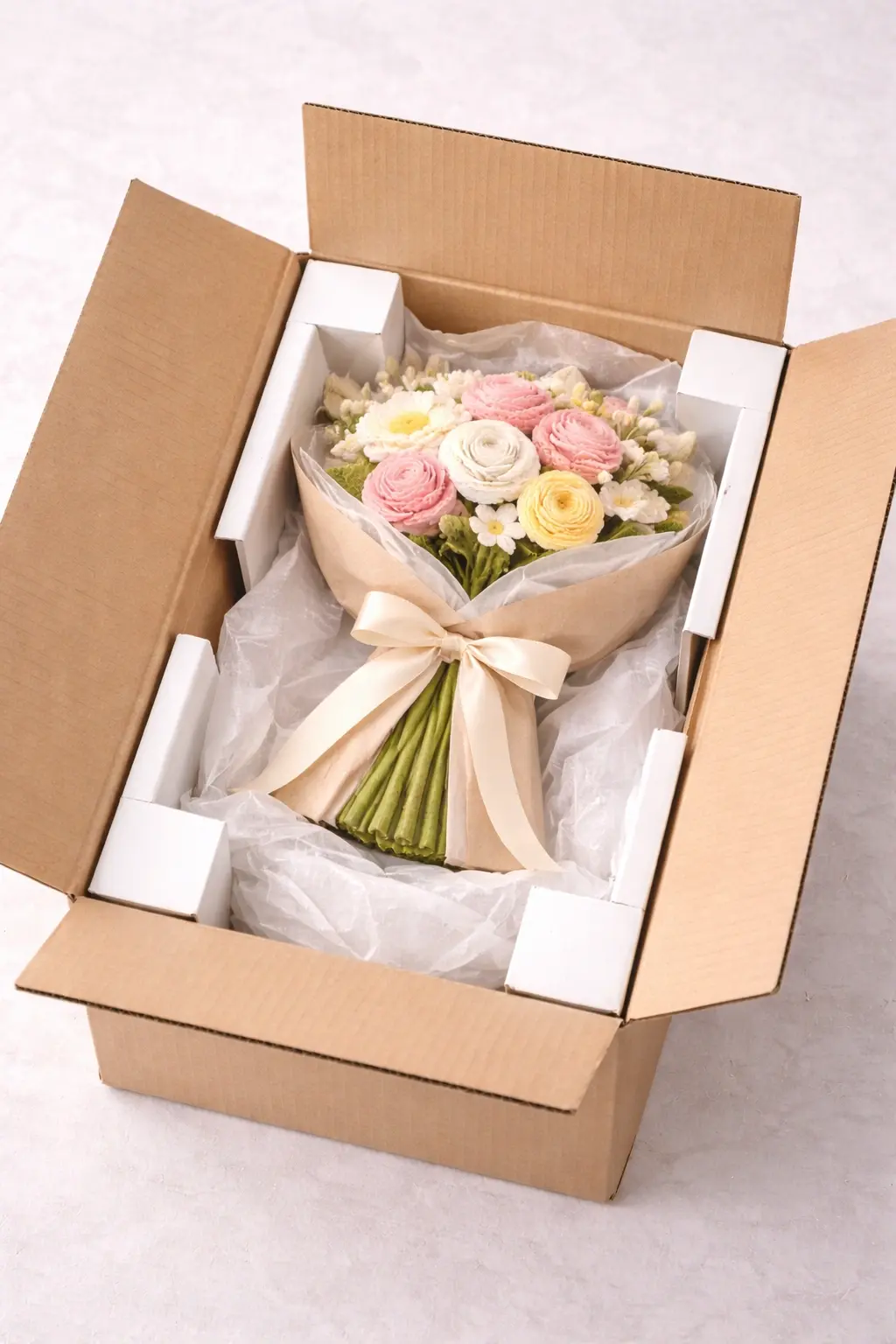 Ship-safe packaging system for crochet flowers with insert trays protective packing and cartons