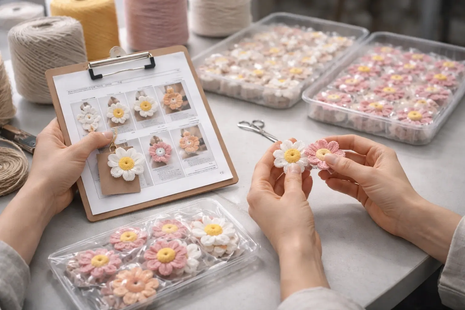 Quality review and production check for crochet flower order consistency