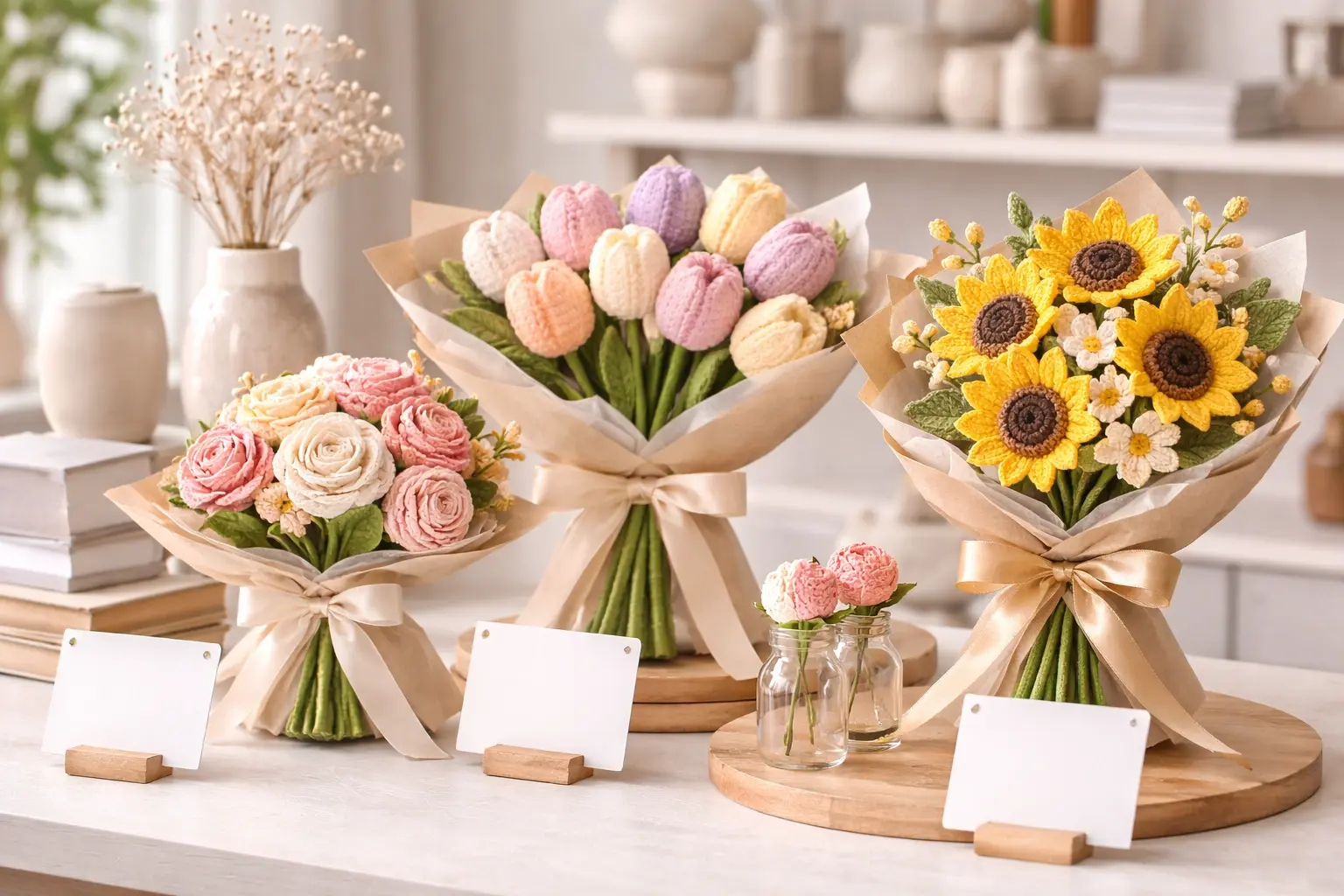 Crochet flower bouquet displayed in a boutique home decor retail setting