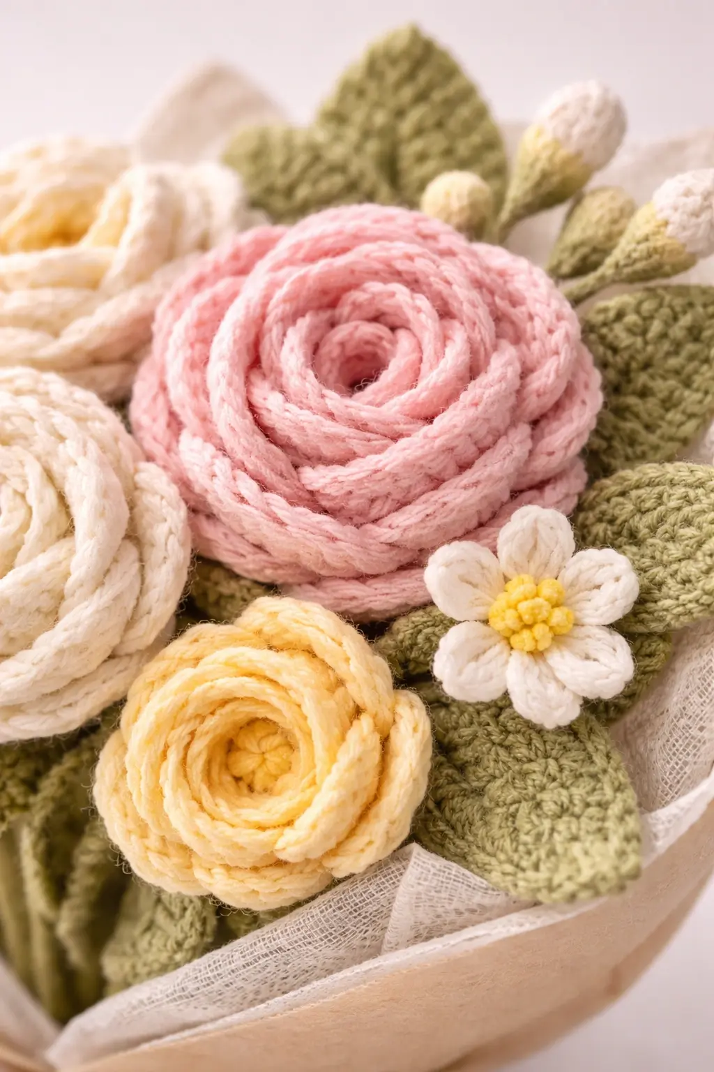 Macro detail of crochet flower stitches petal texture and leaf layering