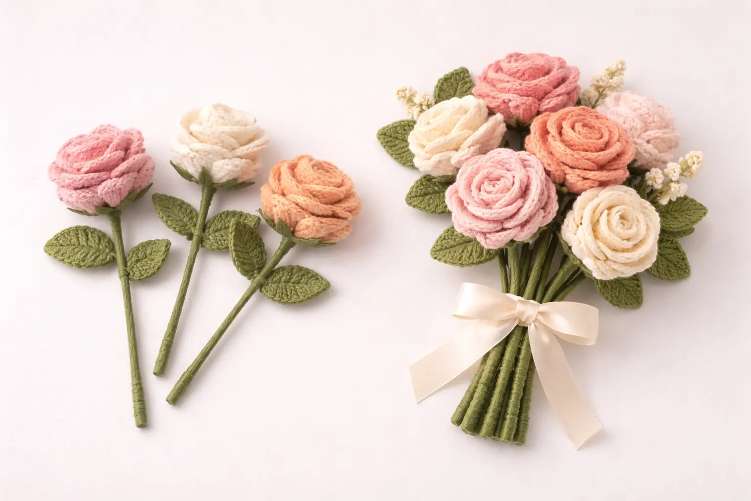 Crochet rose collection with single stems bouquet options and gift-ready arrangements