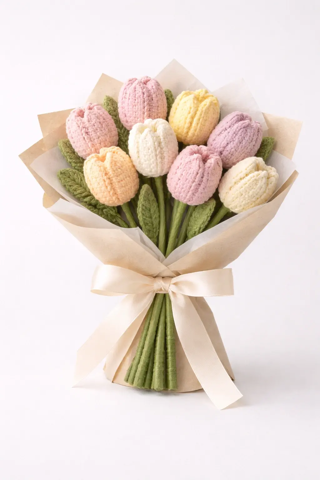 Crochet tulip collection for spring decor, easter assortments, and minimalist display programs