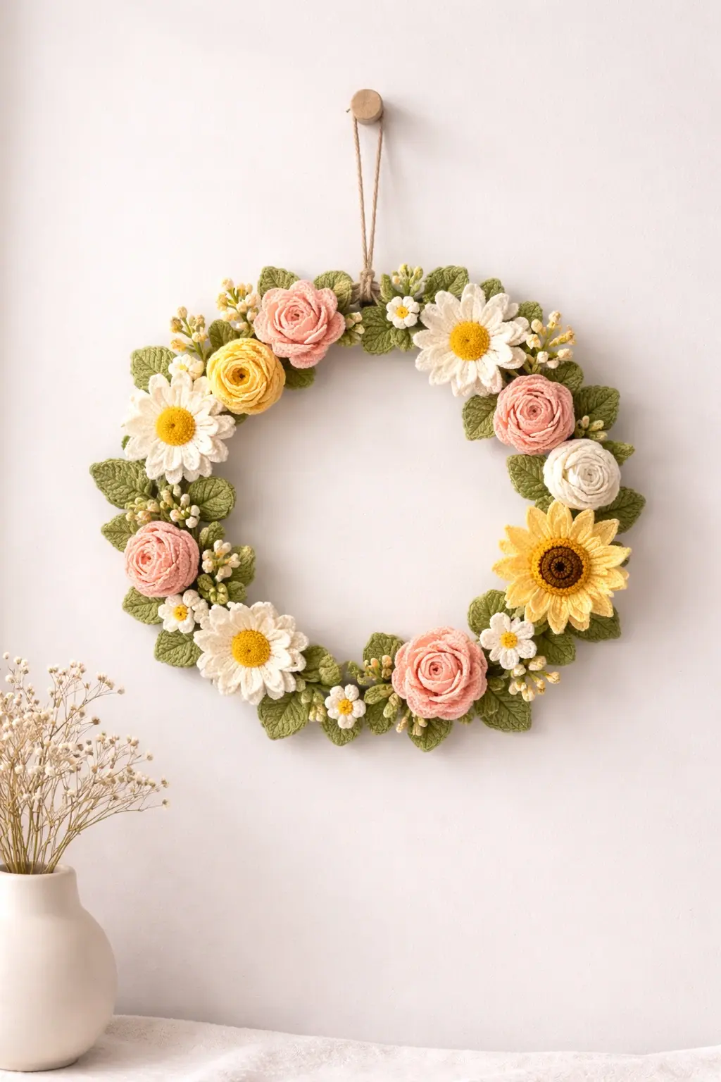 Crochet wreath and garland decor for seasonal wall decor and retail display