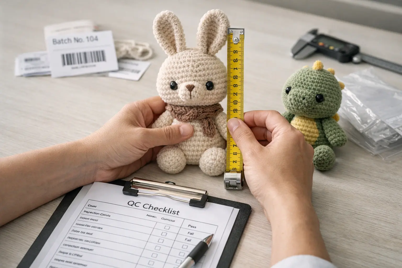 QC inspection and project review for crochet manufacturing with checklist and measuring tools