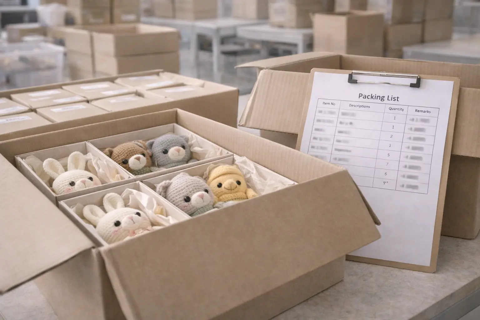 Packaging station with cartons, labels, batch codes and packing list