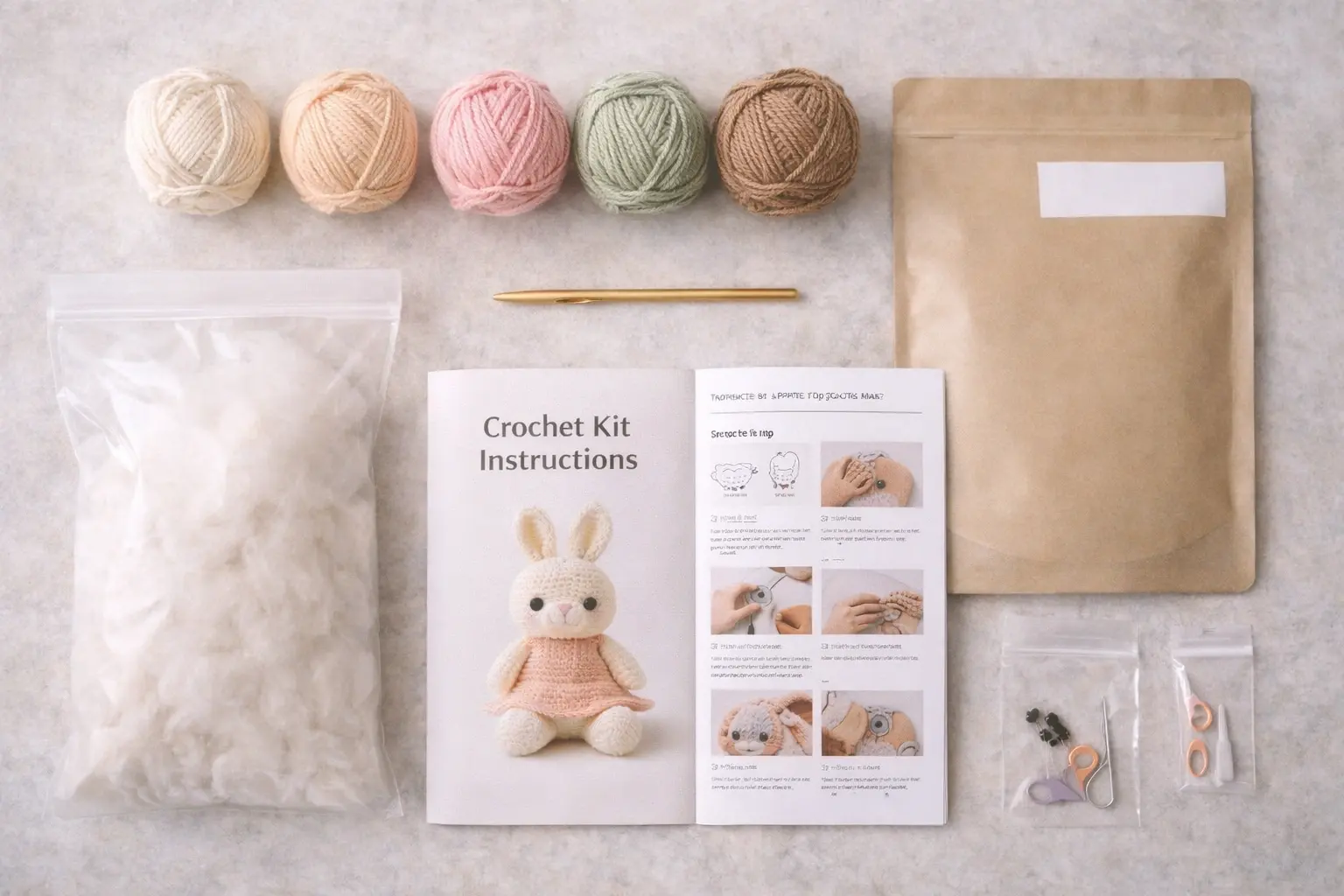 DIY crochet kit flat lay with structured kit components