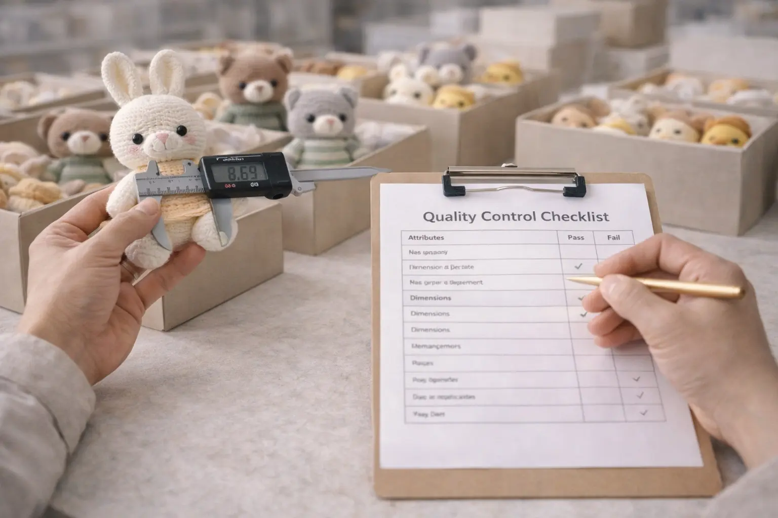 Quality control inspection checklist and measurement process for handmade crochet products