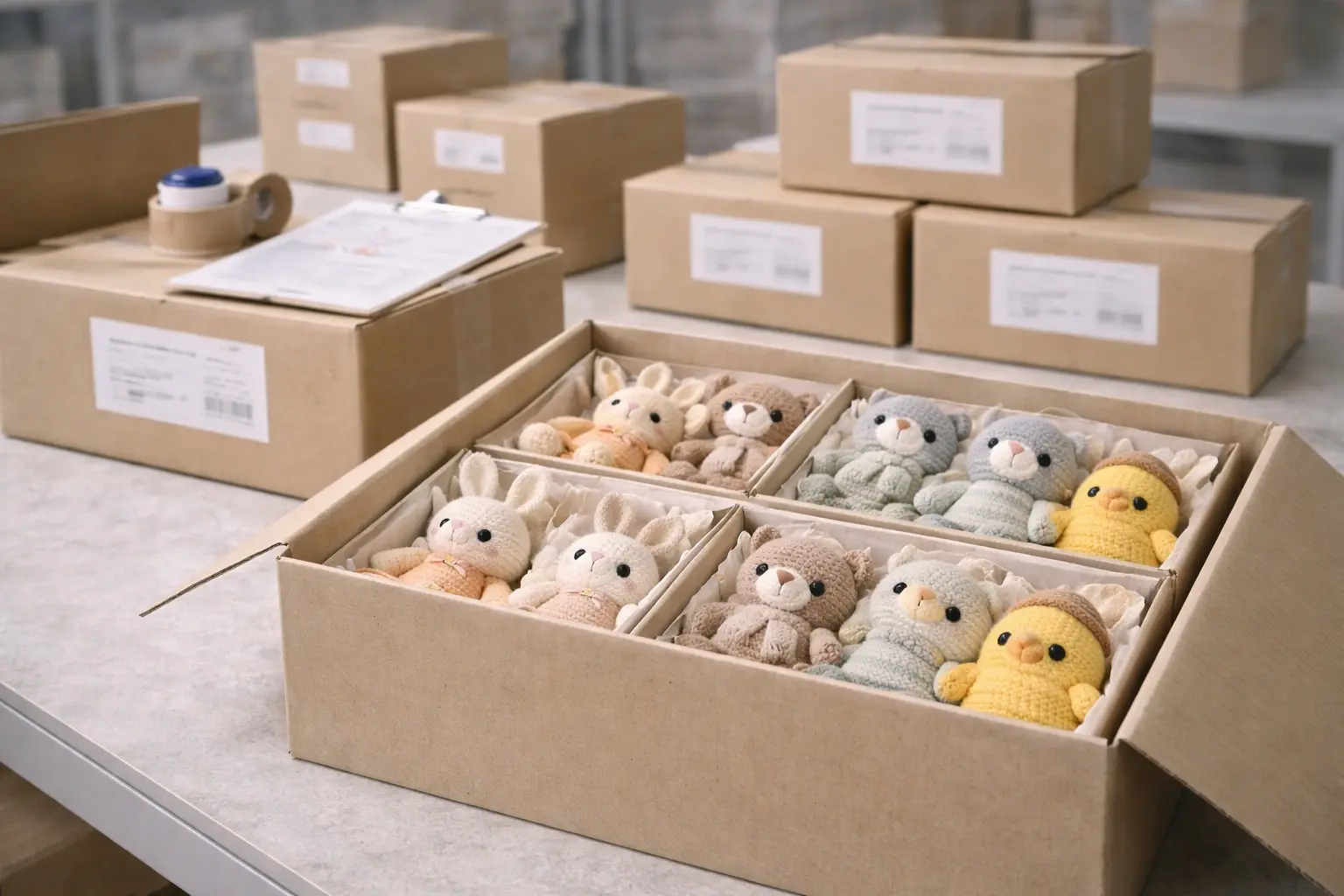 Finished crochet products prepared for shipment and delivery