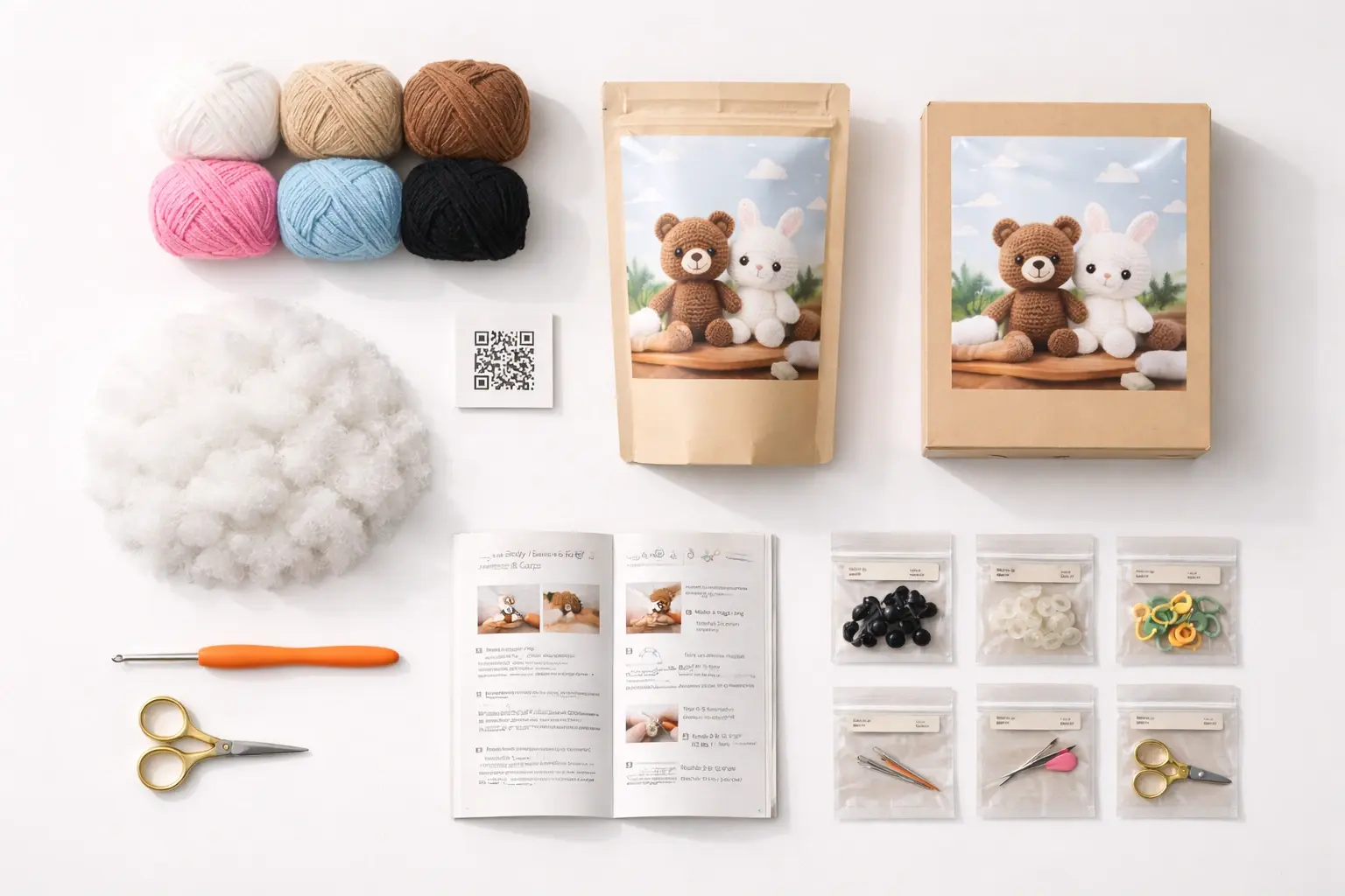 DIY kit components arranged as a system including labeled pouches, instruction booklet, QR card, and packaging