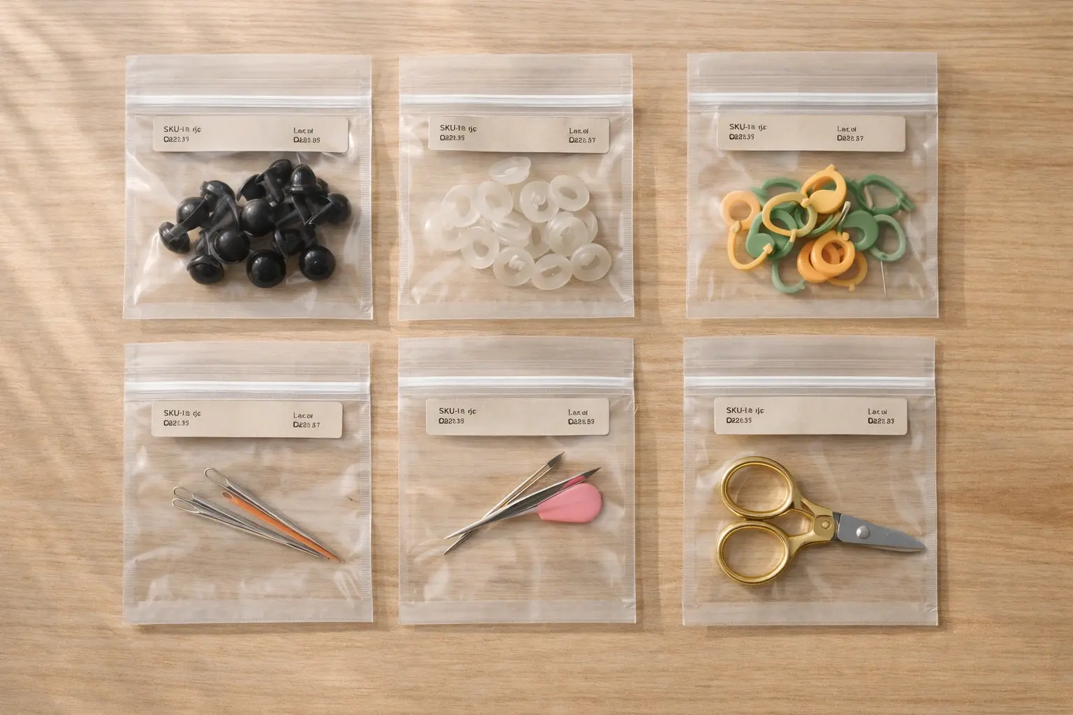 Kit components organized in standardized pouches and labeled SKUs