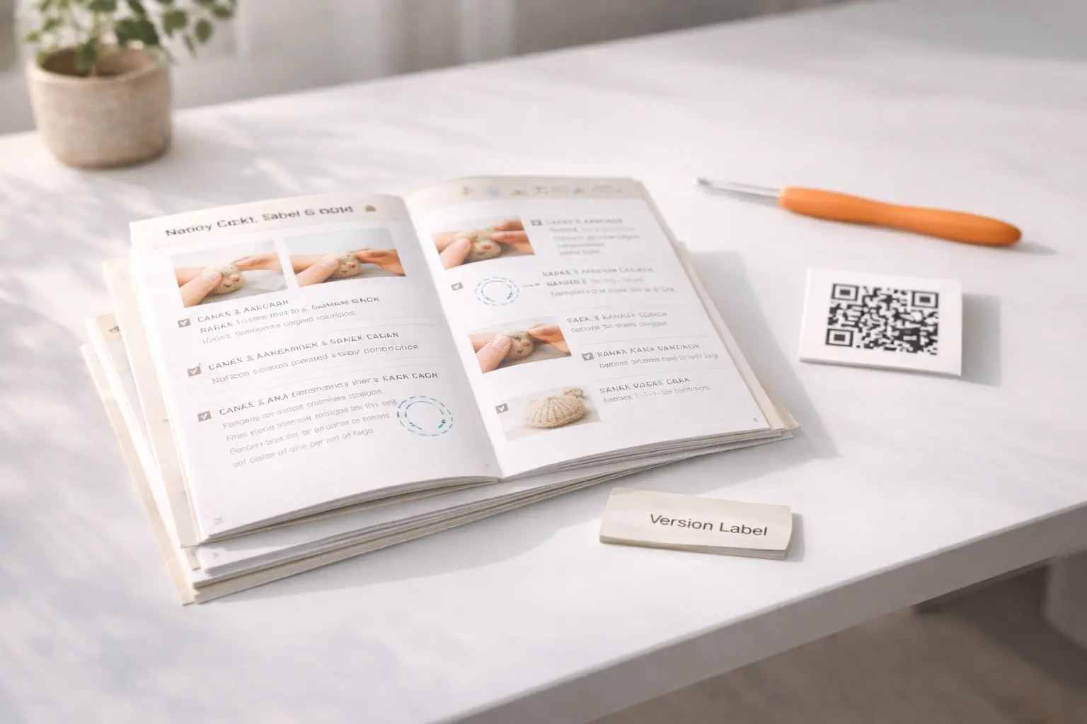 Multilingual instruction booklet and QR tutorial card for DIY crochet kits