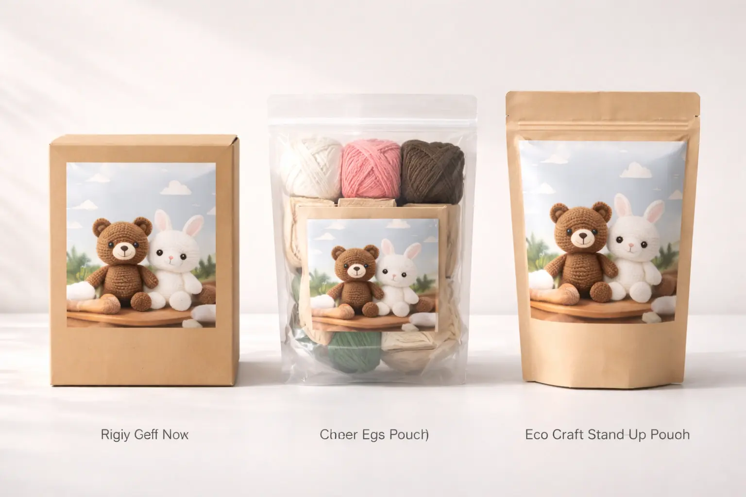 Different packaging options for DIY crochet kits including box, zipper pouch and eco kraft bag