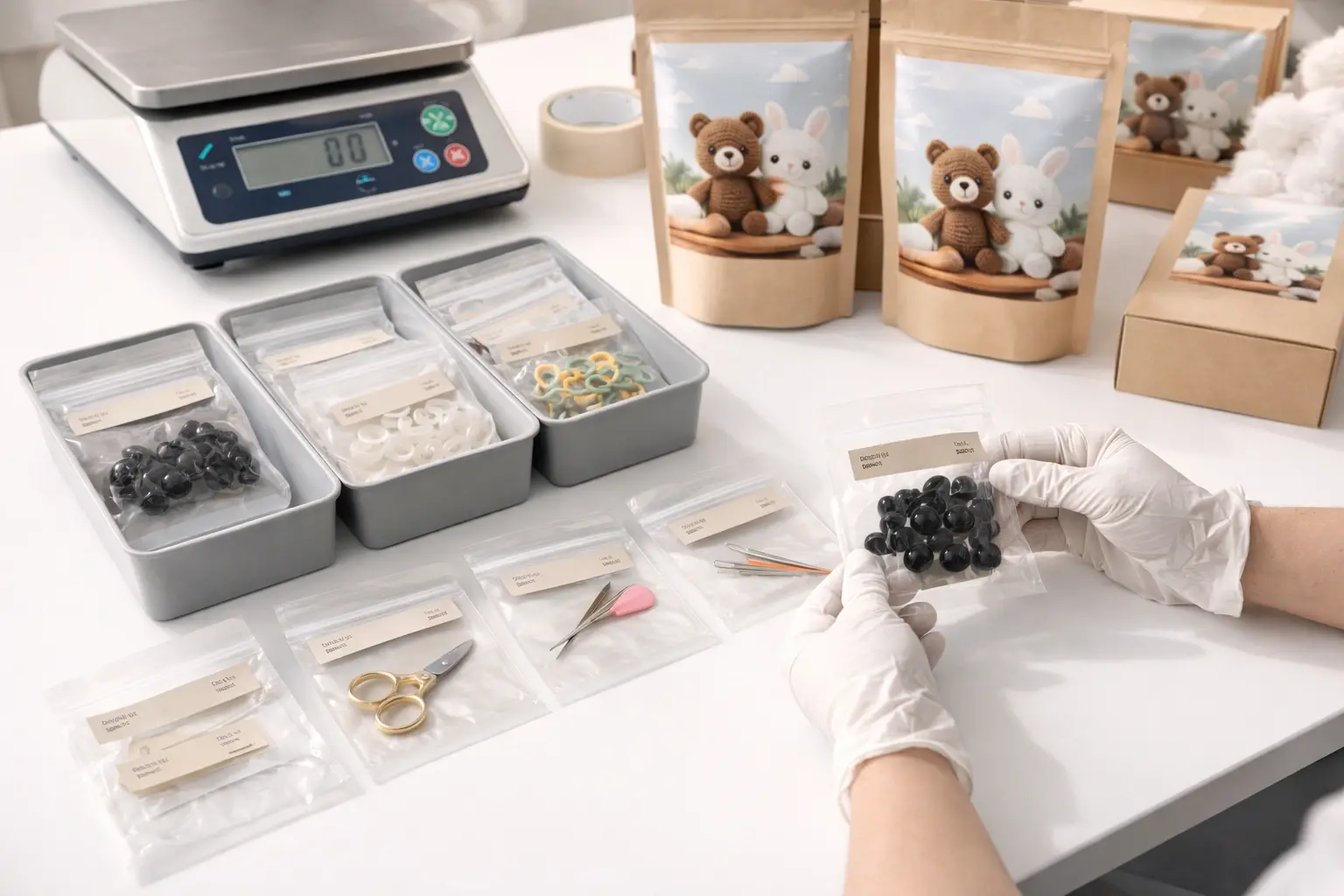 Crochet kit packing workstation with organized components, weighing and sorting process