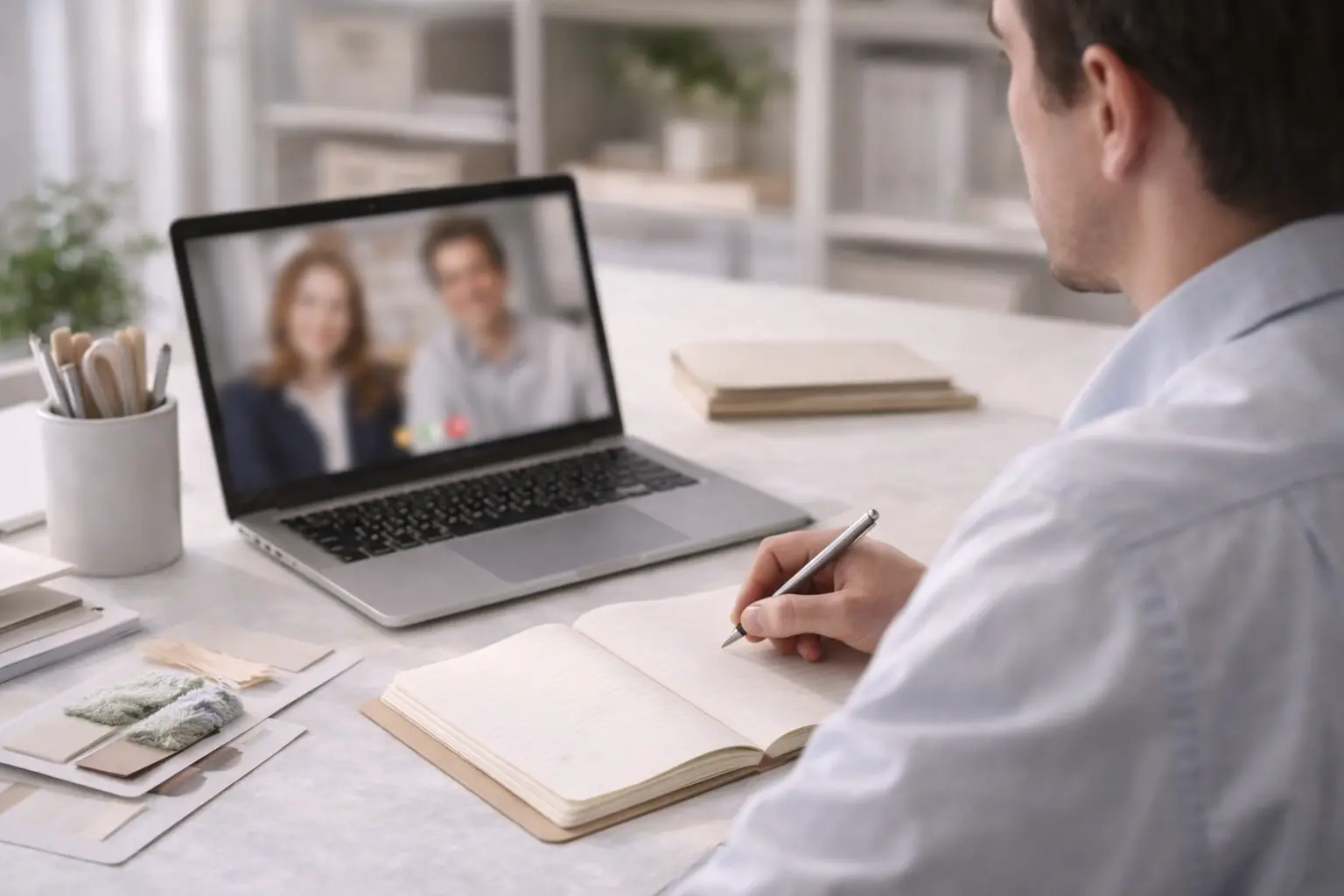 Project manager communicating with client around samples and project documents