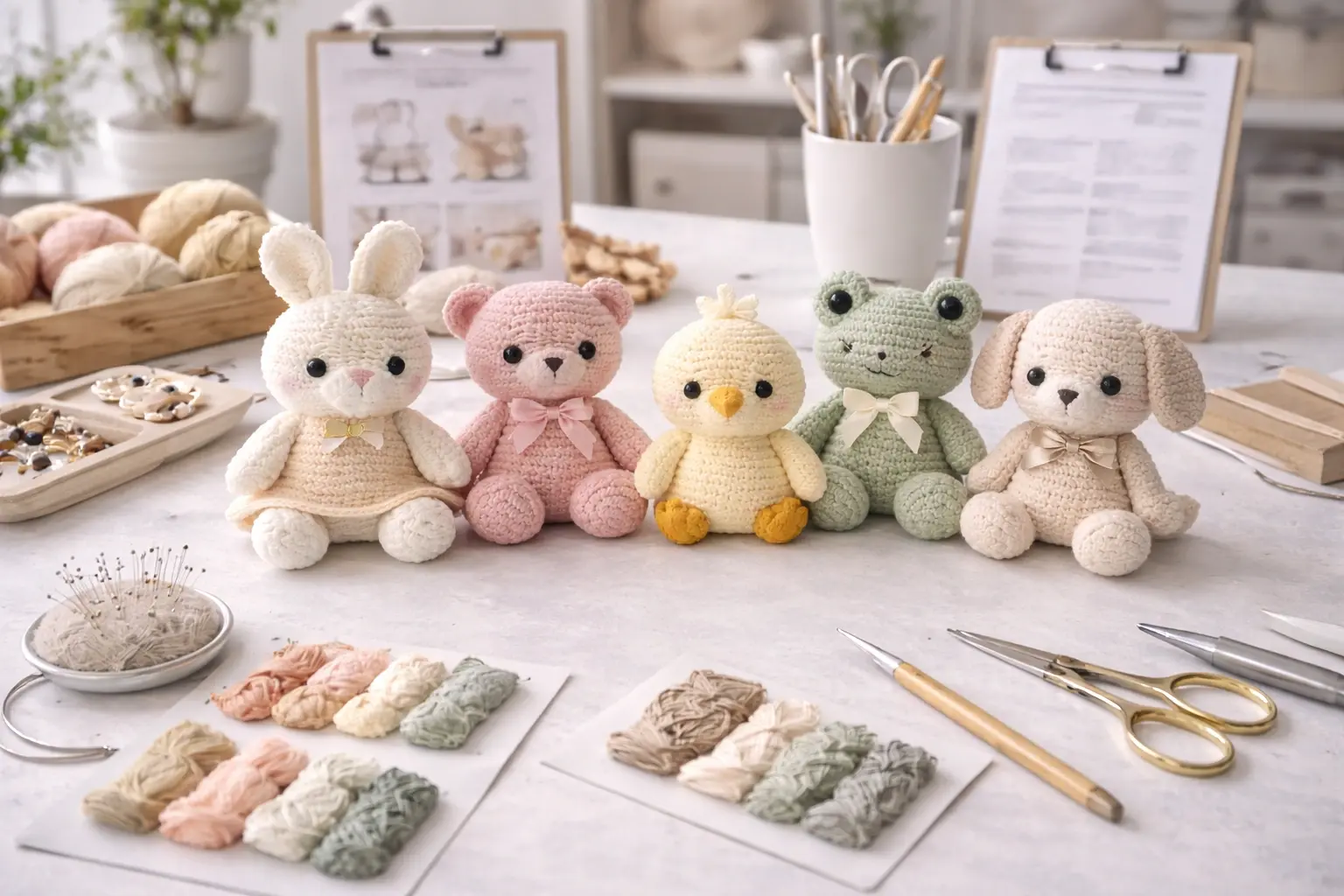 Complex multi-color crochet product lineup