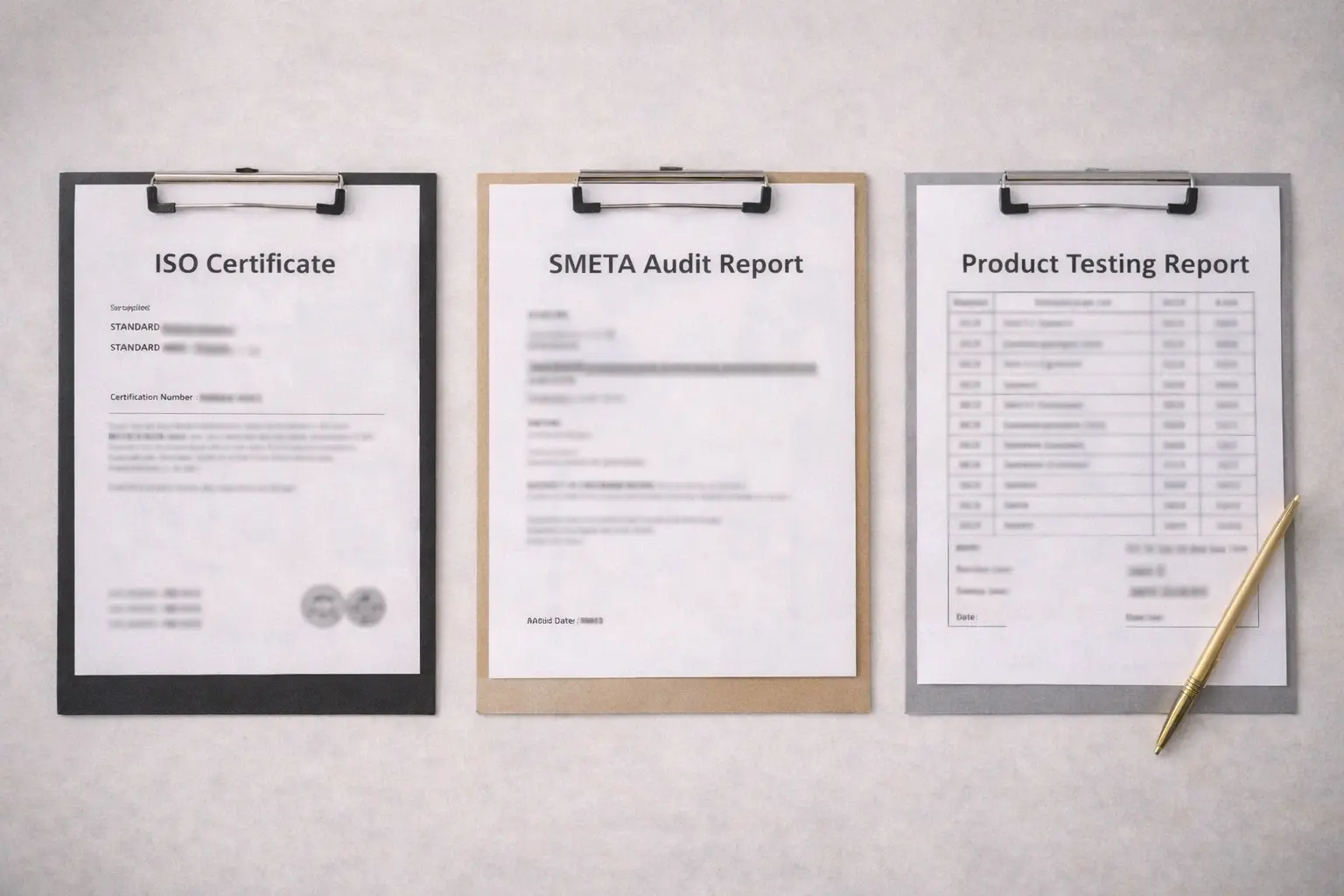 ISO, SMETA and testing report documents displayed as compliance proof