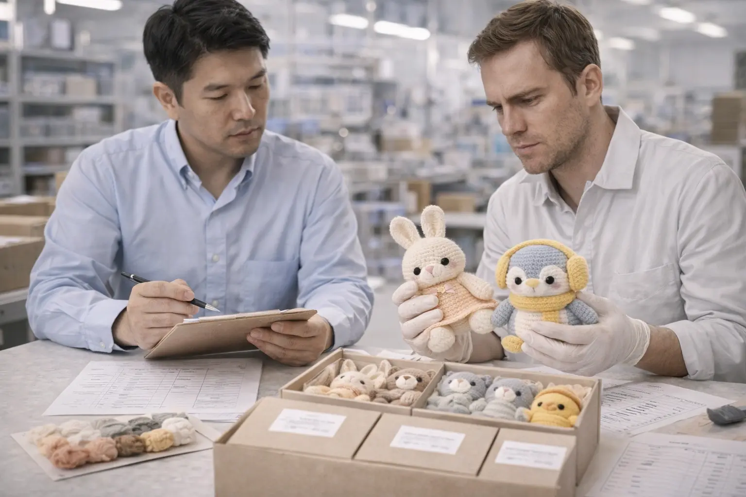 Project manager and quality control team reviewing crochet samples, BOM files and production documents in a clean manufacturing workshop