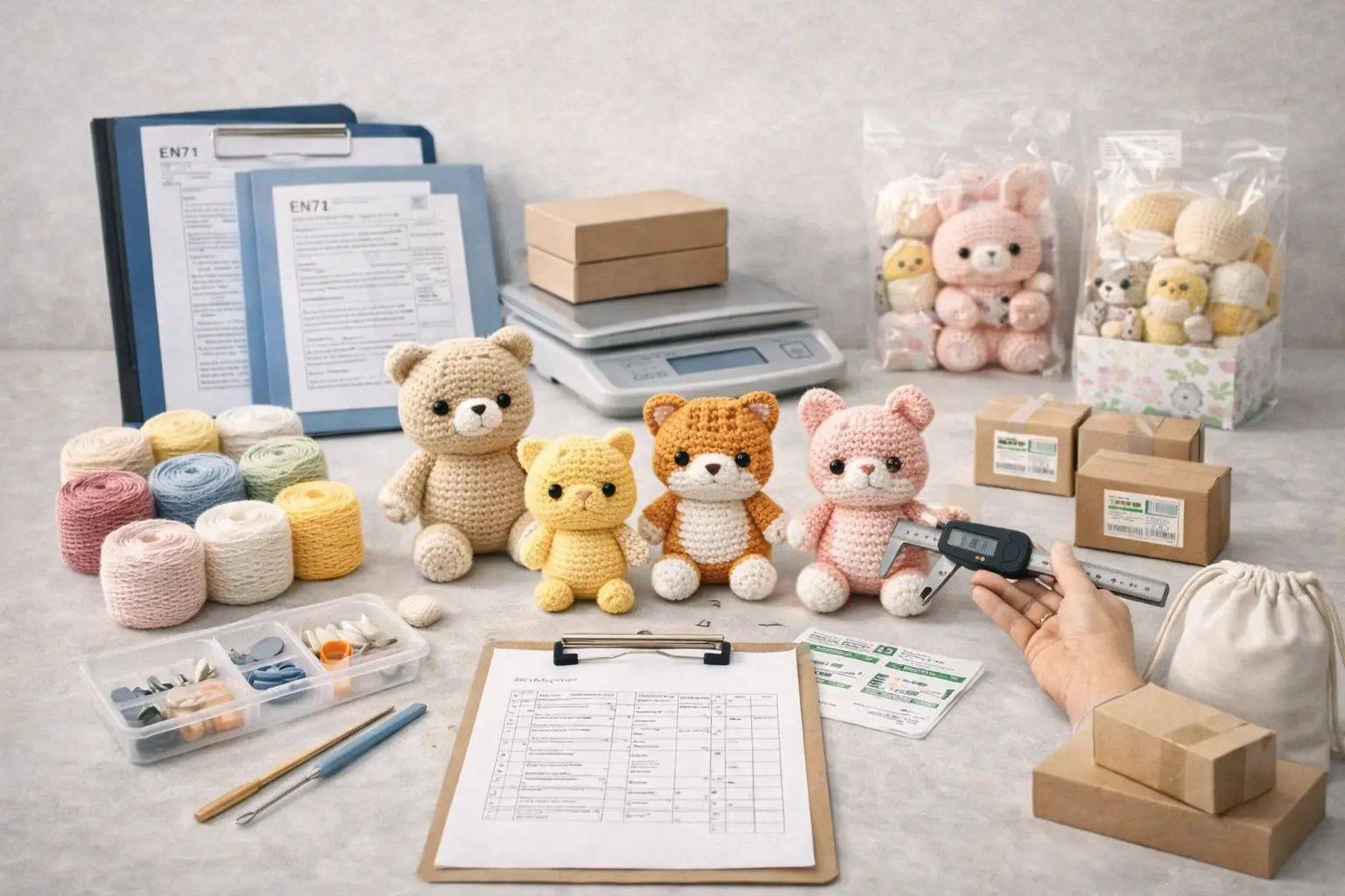 Capability overview composition showing products, materials, quality control tools, packaging samples, and compliance folders