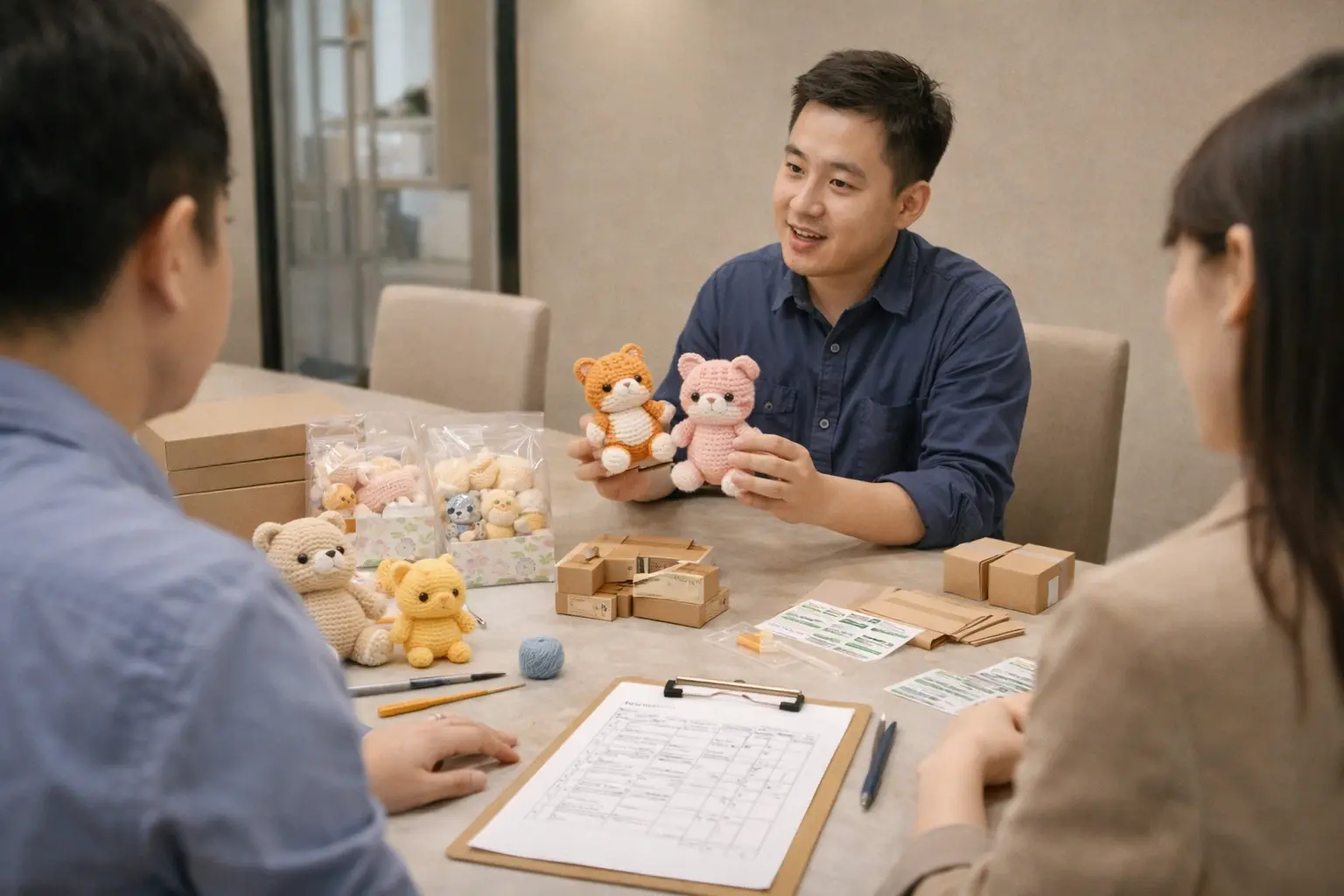 Project manager discussing crochet samples, BOM sheets, and packaging references with team members in a meeting room
