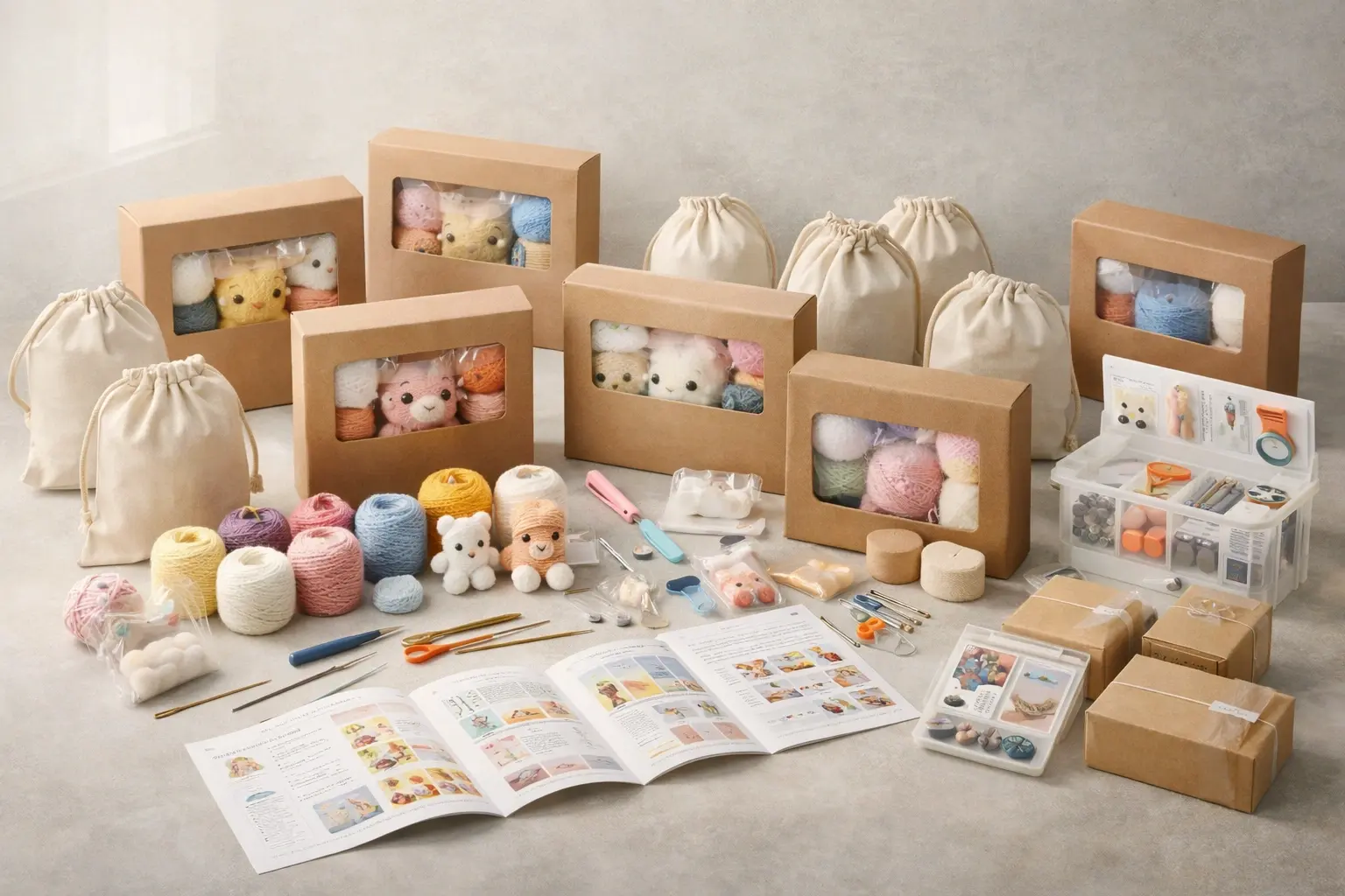 Scalable DIY crochet kit product system with multiple kit boxes, pouches, and organized accessories