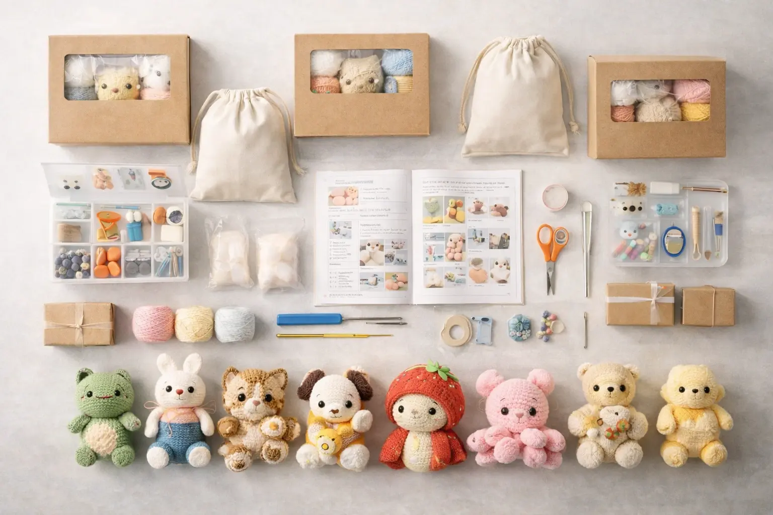 DIY crochet kit systems displayed in a clean flat lay with yarn, hook, stuffing, accessories, booklet, and packaging