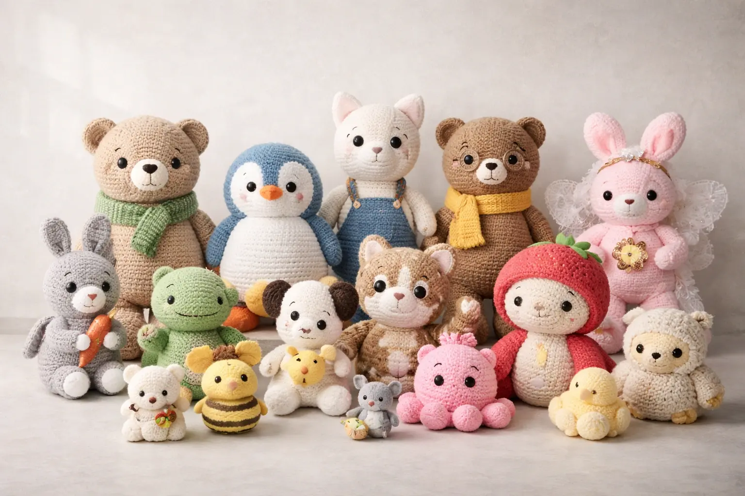Lineup of finished crochet and hybrid plush products in multiple sizes and styles