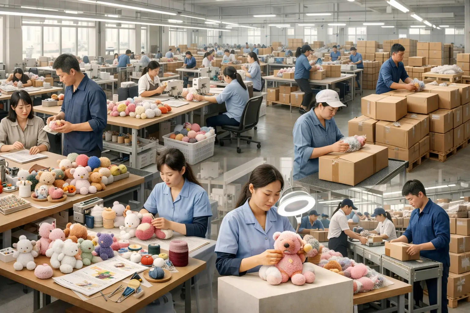 Wide collage style manufacturing scene showing sampling, production, quality control, packaging, and palletized shipment in a crochet and plush factory