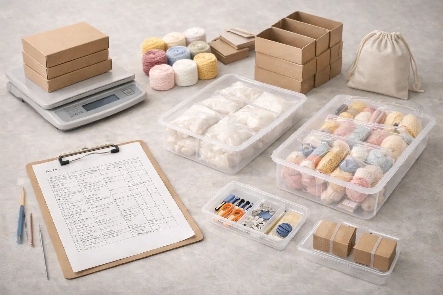 DIY kit bill of materials and pack-out system with components sorted in trays, packaging materials, and clipboard