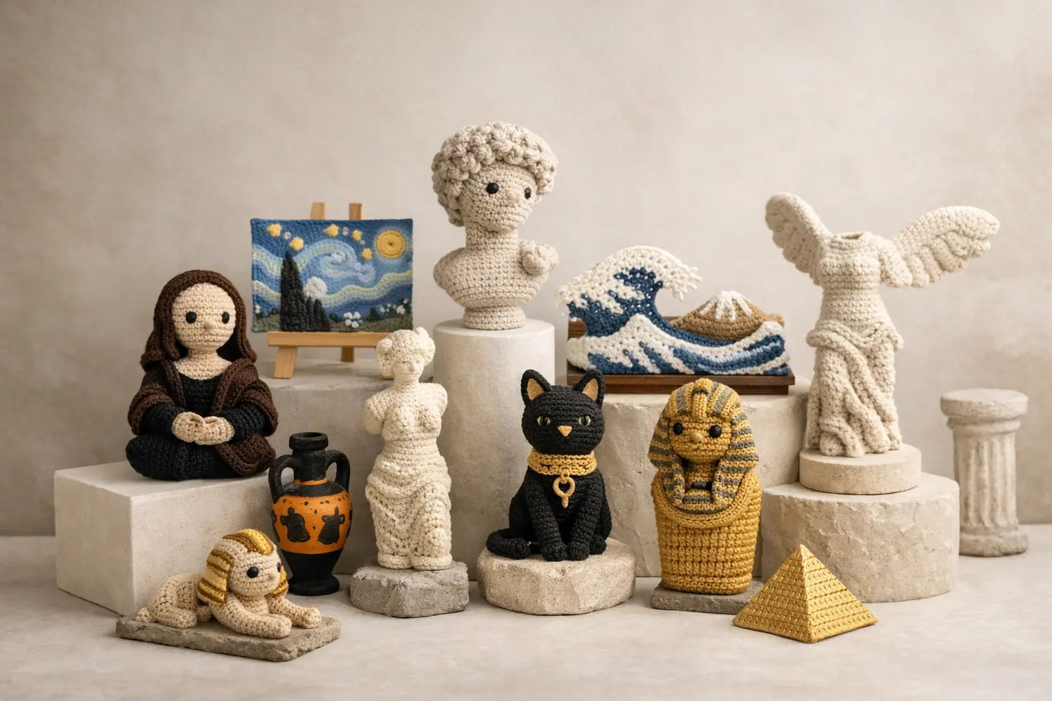 Museum inspired crochet and plush collectible collection displayed with premium gift shop styling