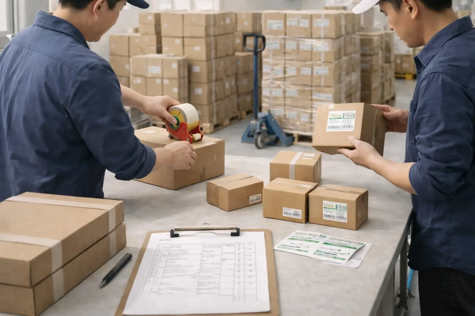 Packaging and delivery readiness scene with sealed cartons, palletized boxes, labels, and export shipment setup