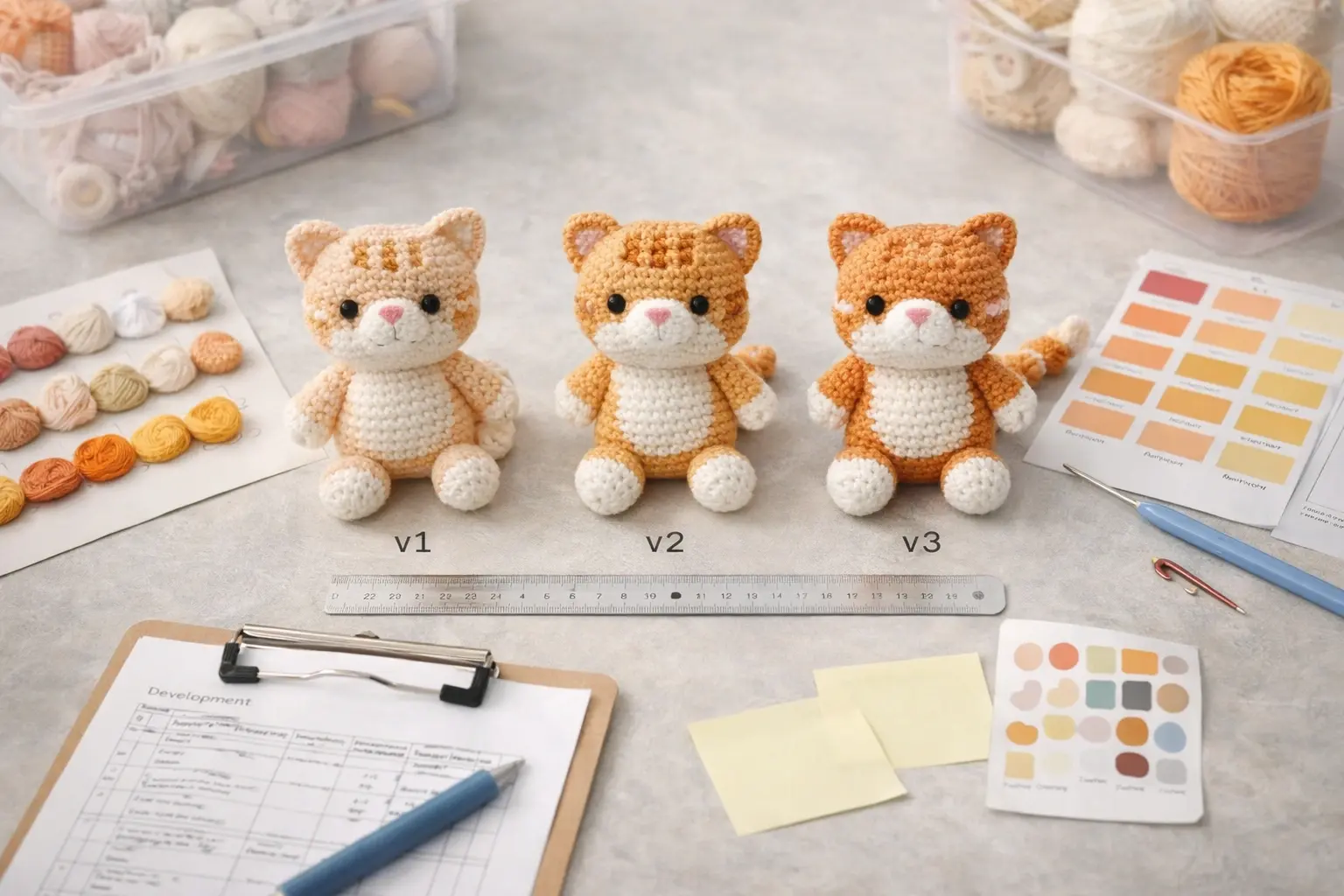 Crochet sample development scene showing version one version two and version three iterations, ruler, color references, and notes