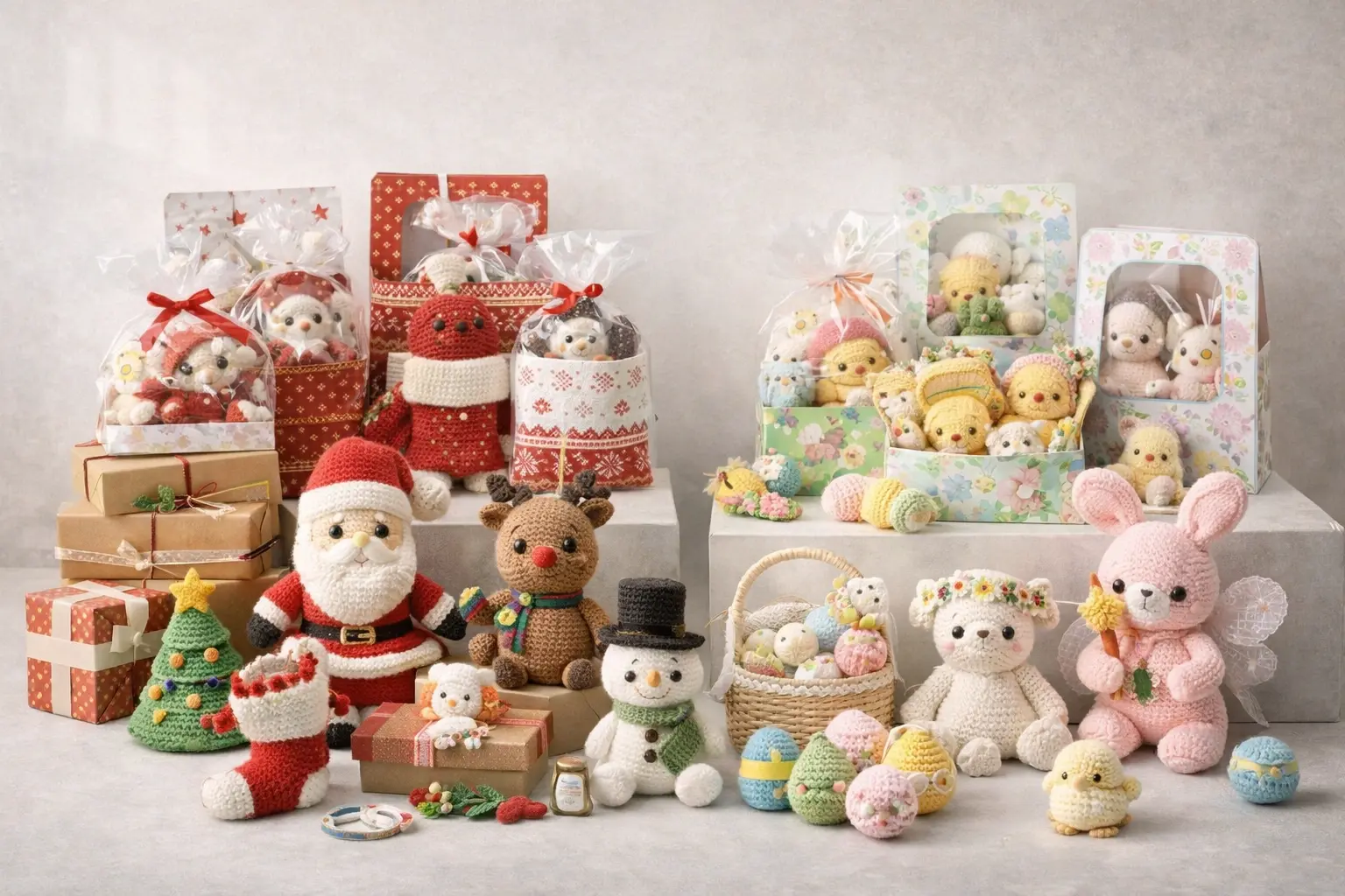 Seasonal crochet gift collection with coordinated themed items for holiday programs